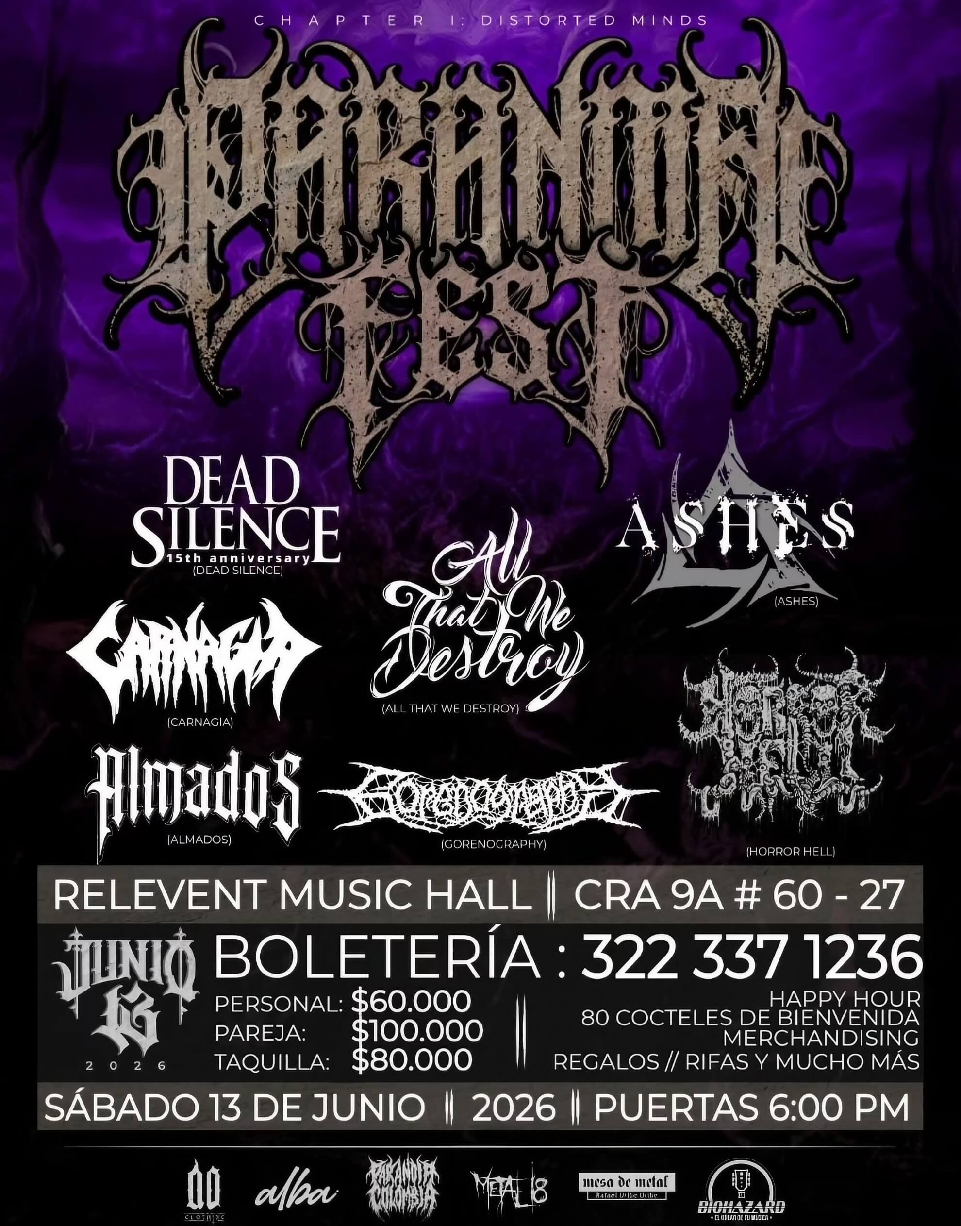 Event poster for Paranoia Fest. Dead Silence headline, with Carnagia, Ashes, All That We Destroy, Almados, Gorenography, and Horror Hell also featured.