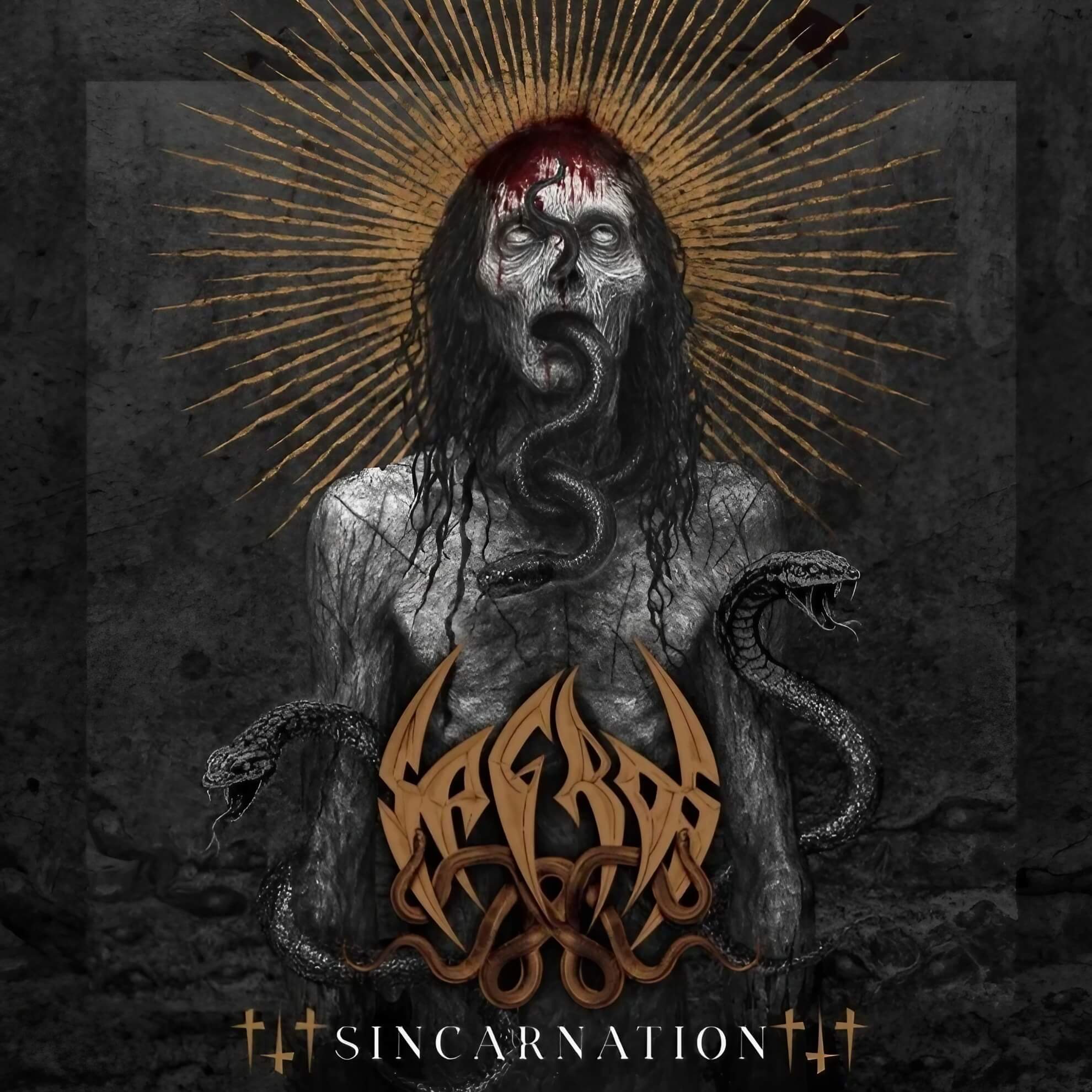 Album artwork for Sagros &mdash; &lsquo;Sincarnation.&rsquo; A grey-toned emaciated humanoid figure, bare-chested, faces upward with closed pale eyes and a serpent coiling from its open mouth.