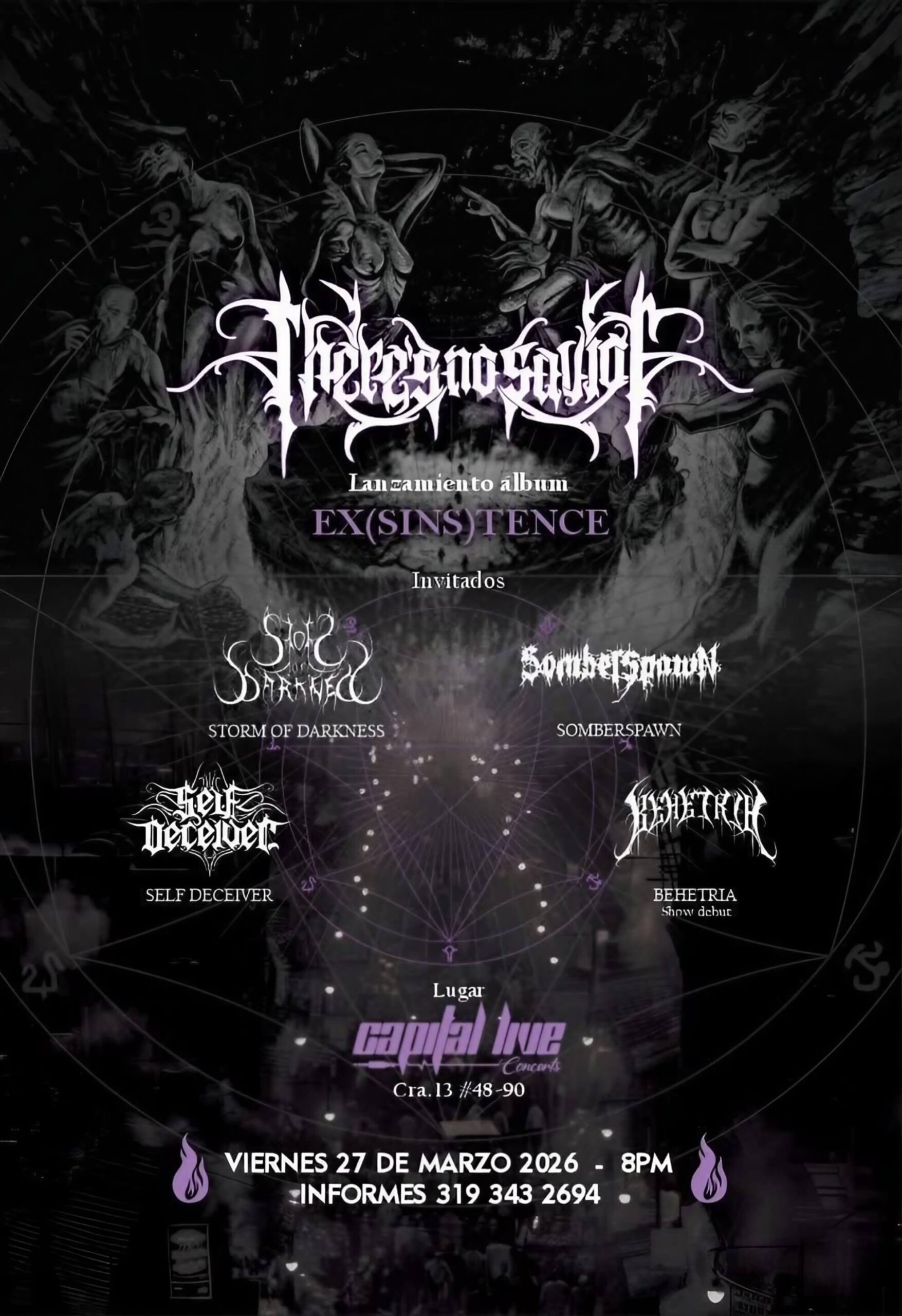 Black poster for There&rsquo;s No Savior at Capital Live Concerts. Five band logos on a dark background with a pentagram diagram and distorted figurative artwork above.