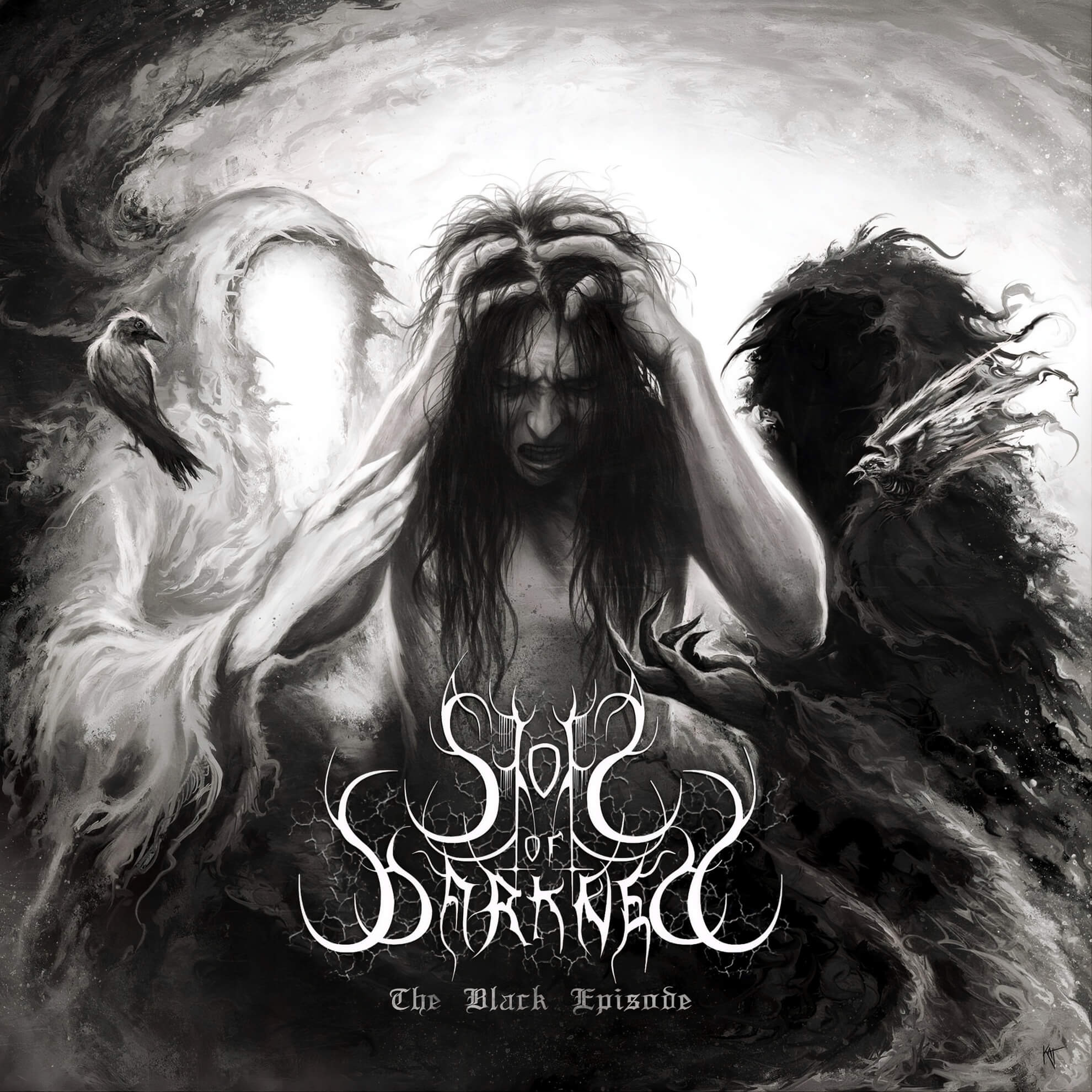 A long-haired figure grips their head in anguish between a luminous white entity bearing a crow and a reaching shadow figure.