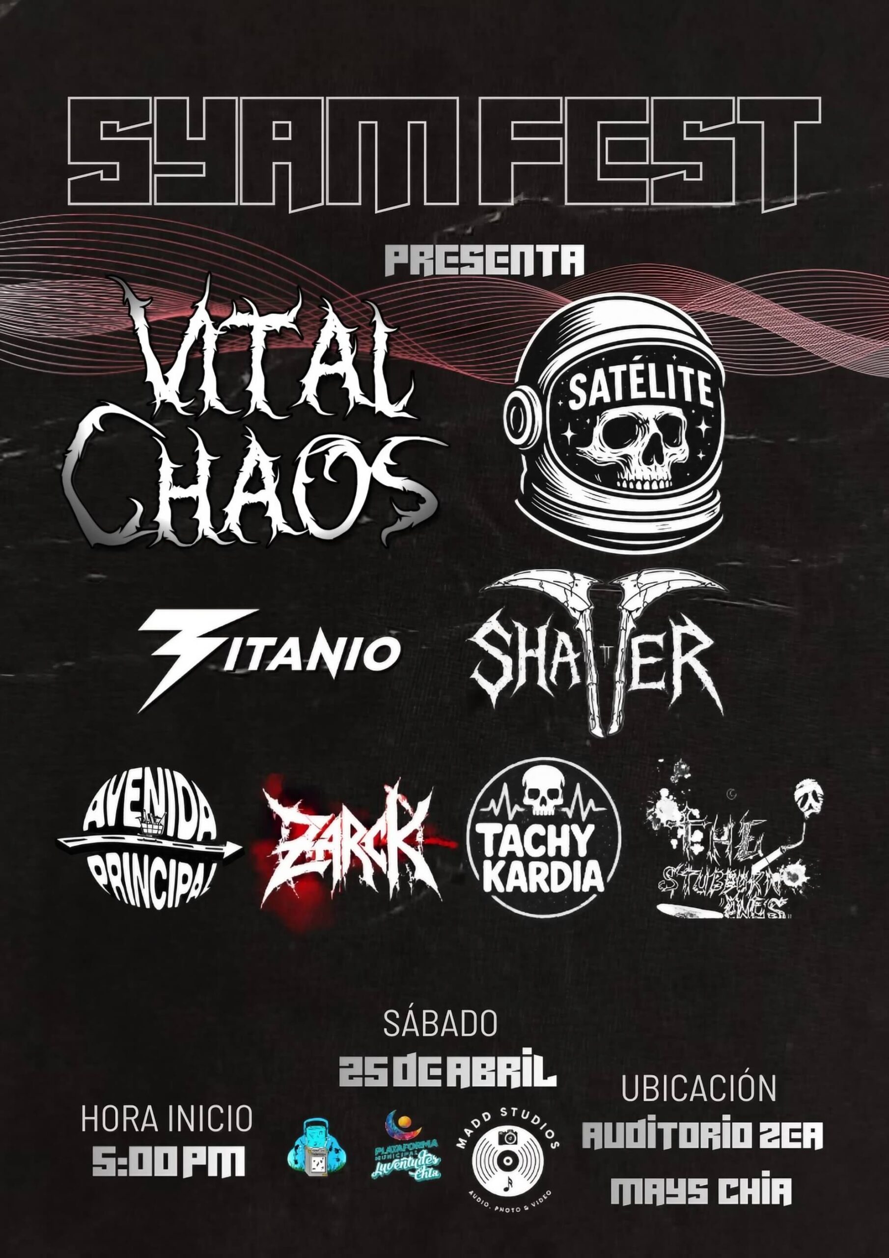 Black poster for Syam Fest. Eight band logos on a dark background with red wave lines.