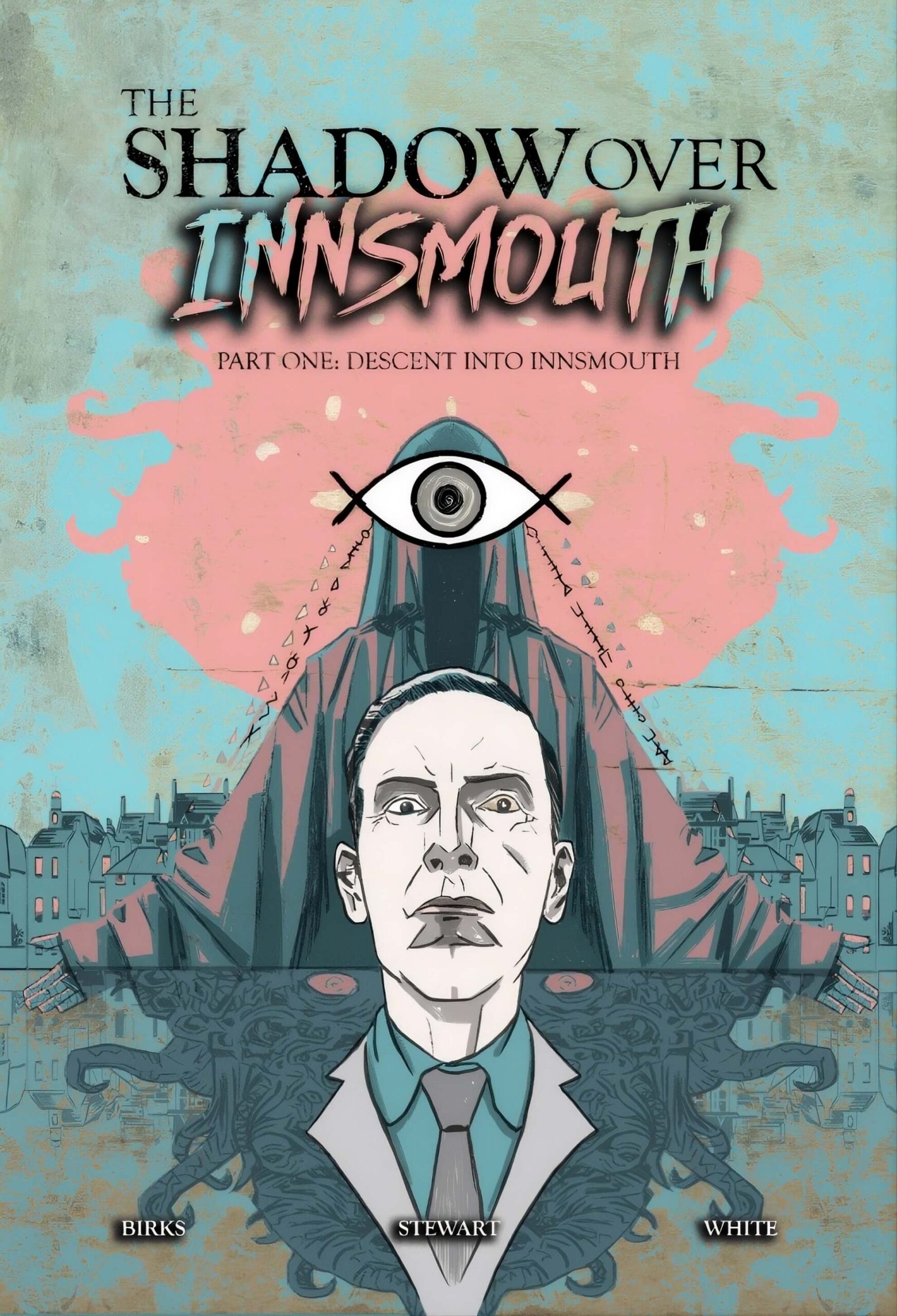 ‘The Thing on the Doorstep’ Puts Body Horror on the Page A pale man stares forward beneath a cloaked figure bearing a single wide eye; teal and salmon tones, tentacles below, rooftops flanking.