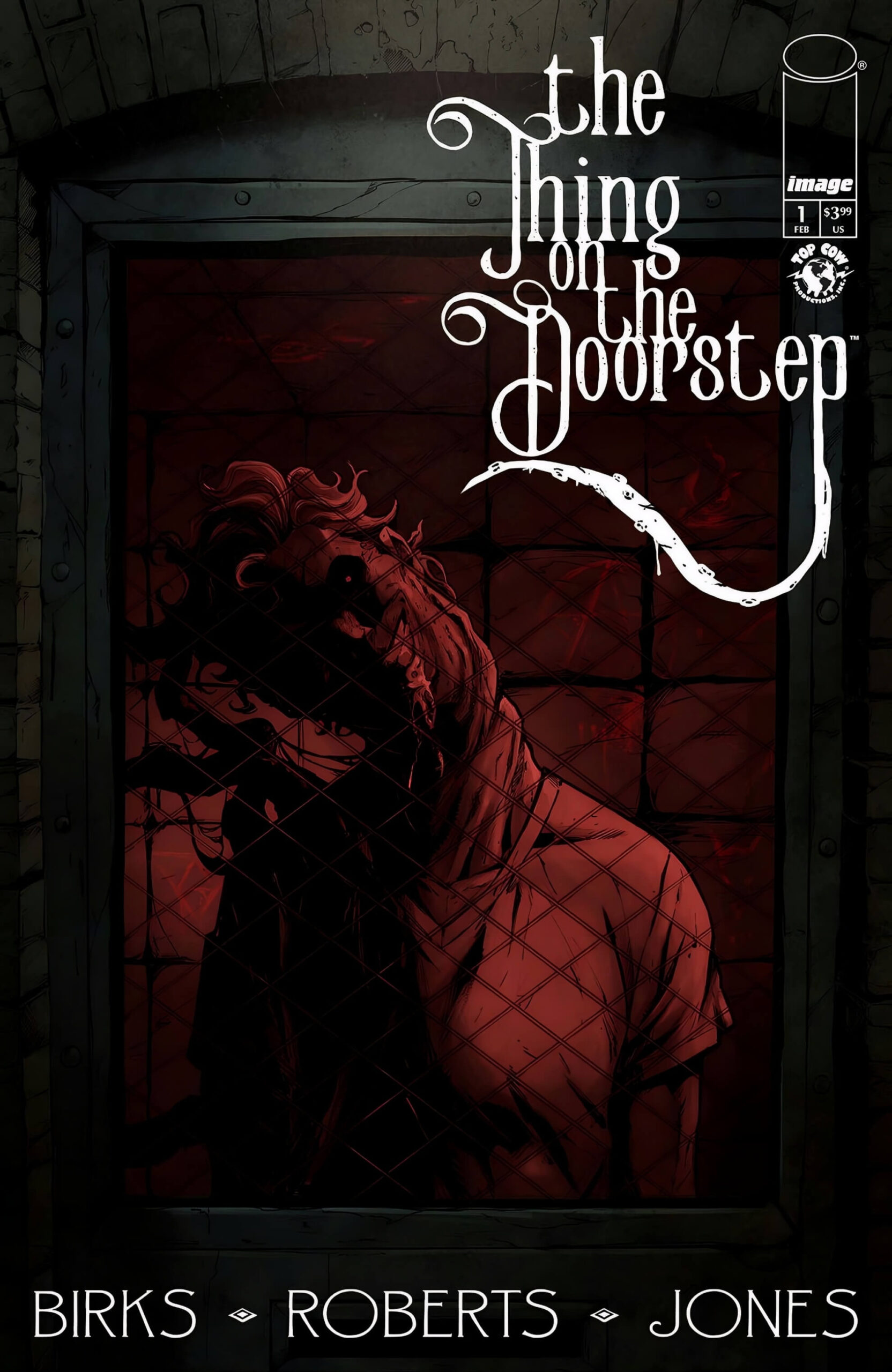 ‘The Thing on the Doorstep’ Puts Body Horror on the Page A figure in an asylum garment hunches behind wire mesh in deep crimson light, face bowed and obscured.