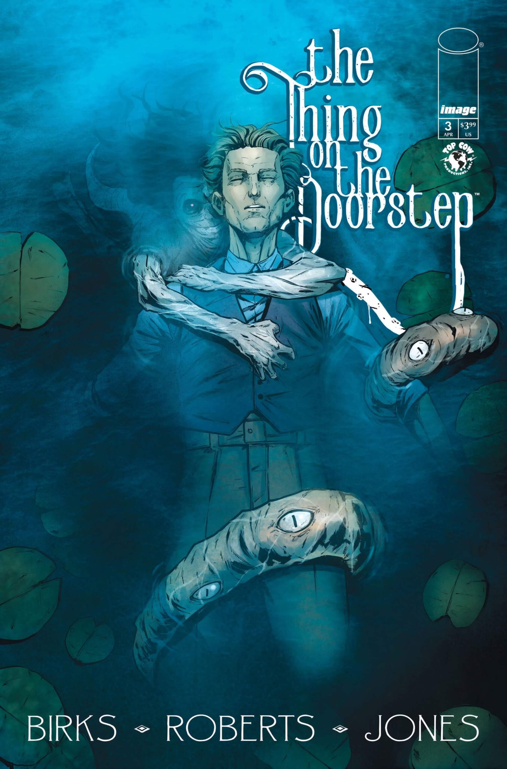 ‘The Thing on the Doorstep’ Puts Body Horror on the Page A suited man floats eyes-closed in blue mist, pale decayed arms wrapped around him, eyeless worm-like creatures coiling below.