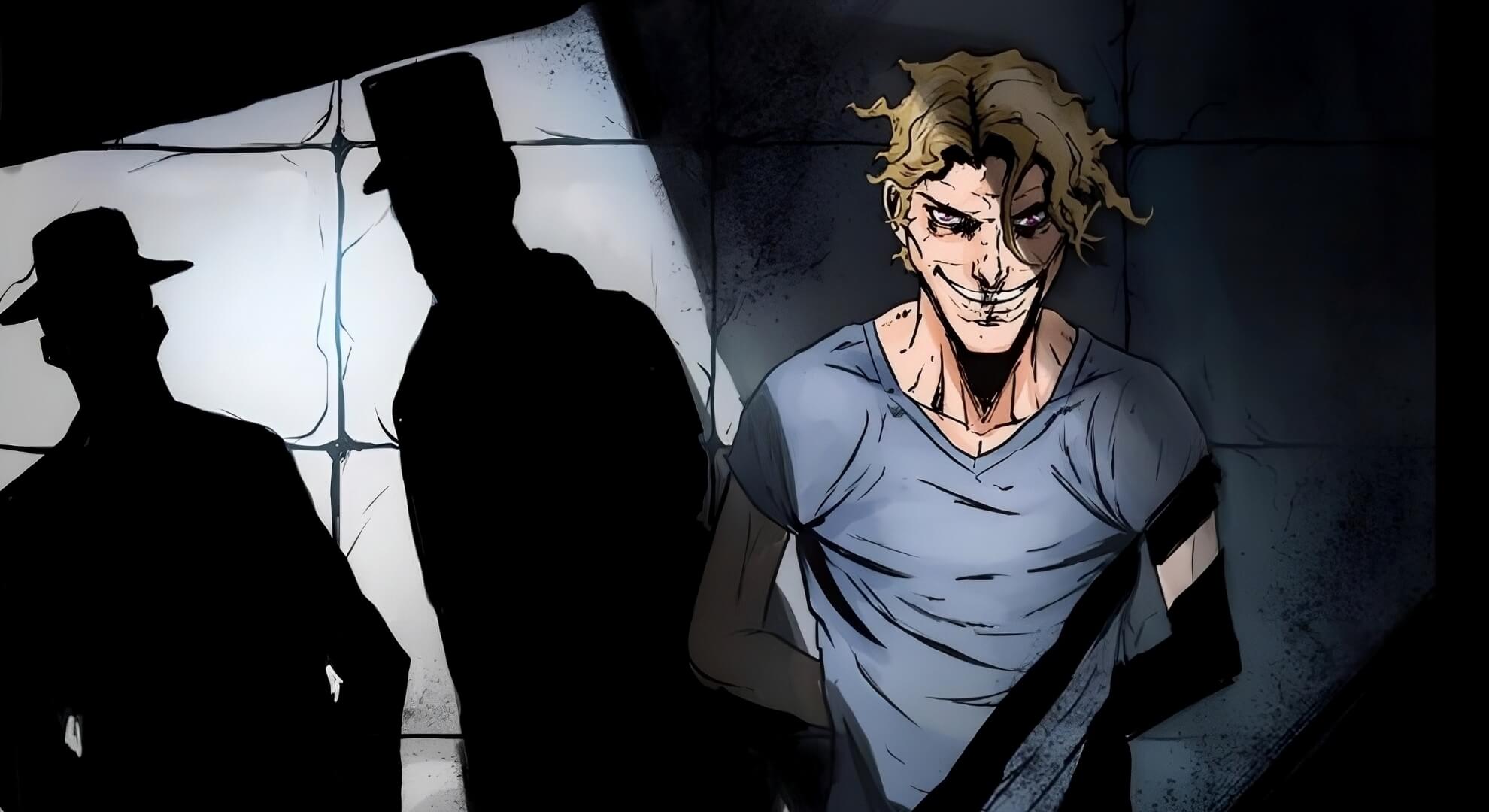 ‘The Thing on the Doorstep’ Puts Body Horror on the Page Two silhouettes approach a lit wall; a grinning blond man in asylum restraints faces them from the right.