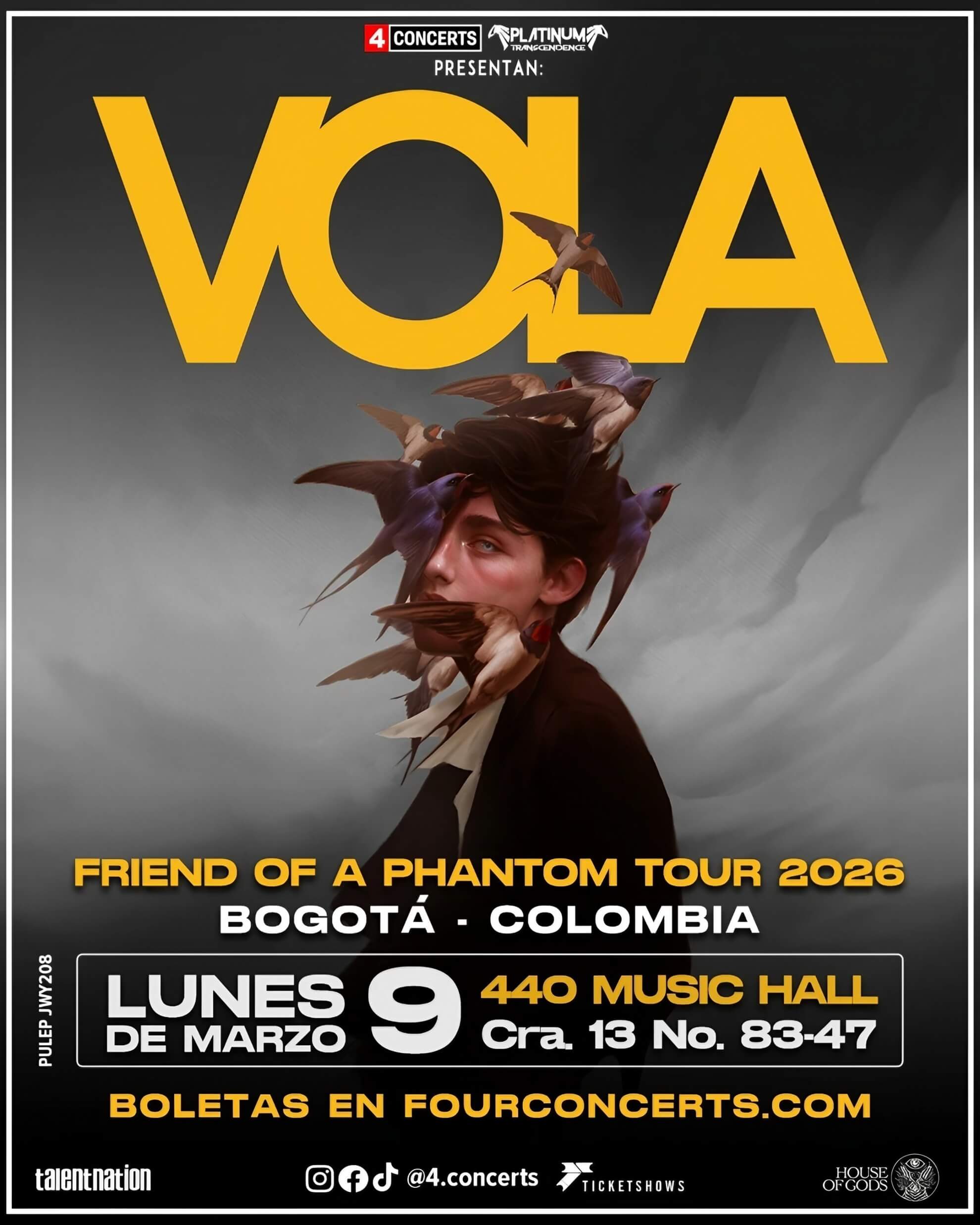 Poster for the Vola tour. Large yellow typography above a pale figure whose face is partially obscured by flying birds.