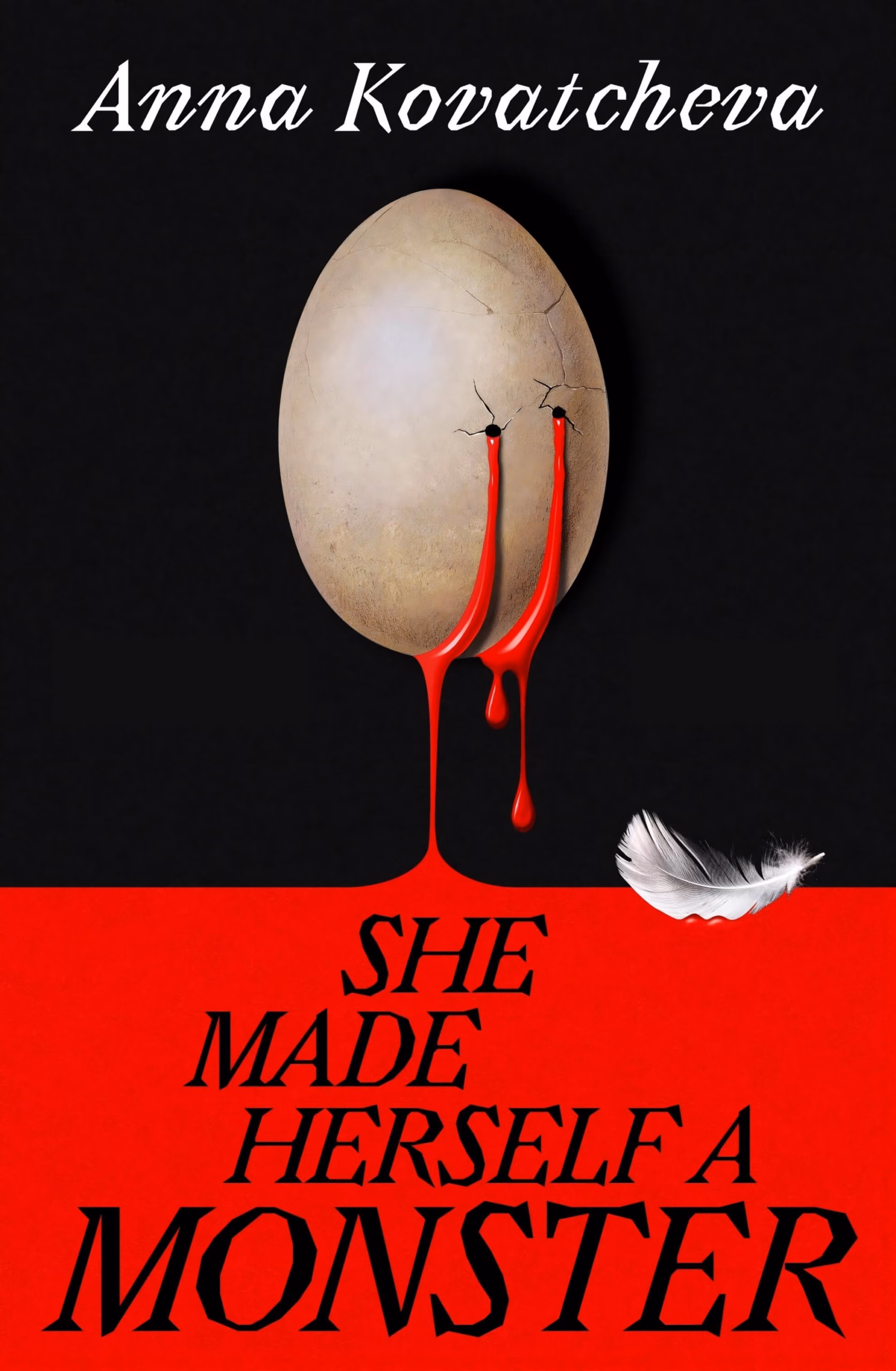 Cracked egg with two red streams bleeding from its surface, white feather beside it on a black ground.