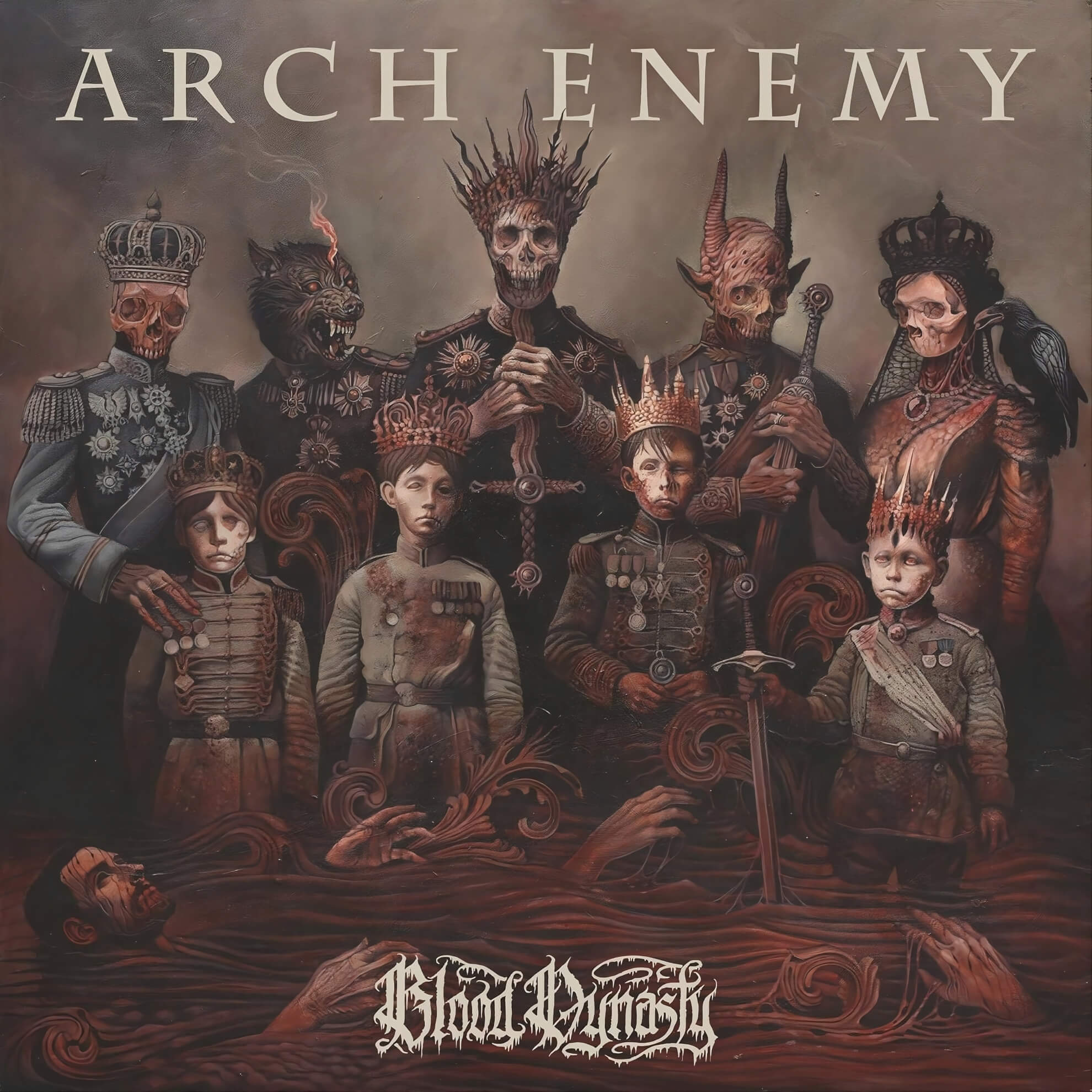 Arch Enemy’s Answer to Every Rights Challenge Is Escalation Arch Enemy’s ‘Blood Dynasty’ cover painting with crowned skeletal figures and children in bloodied military dress.