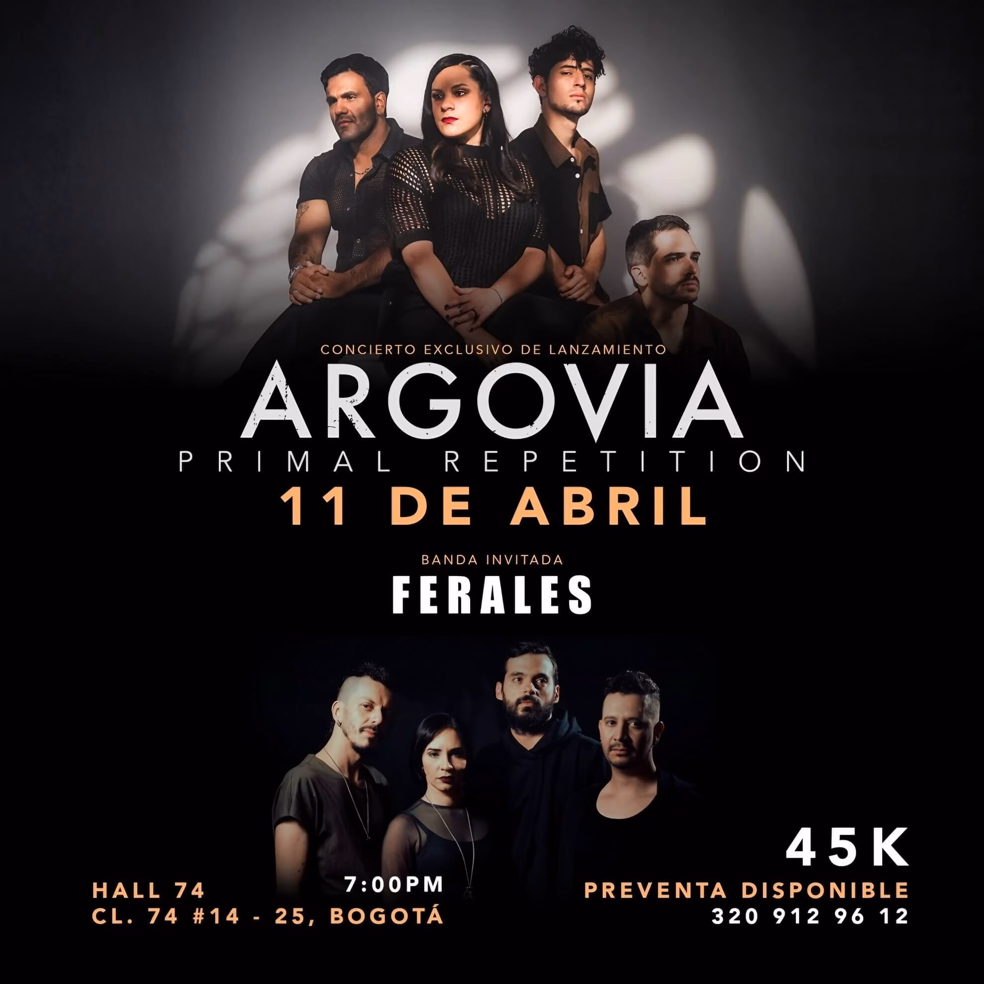 Square concert poster for Argovia&rsquo;s &lsquo;Primal Repetition&rsquo; exclusive launch show, April 11, Bogot&aacute;; Ferales listed as guest band below.