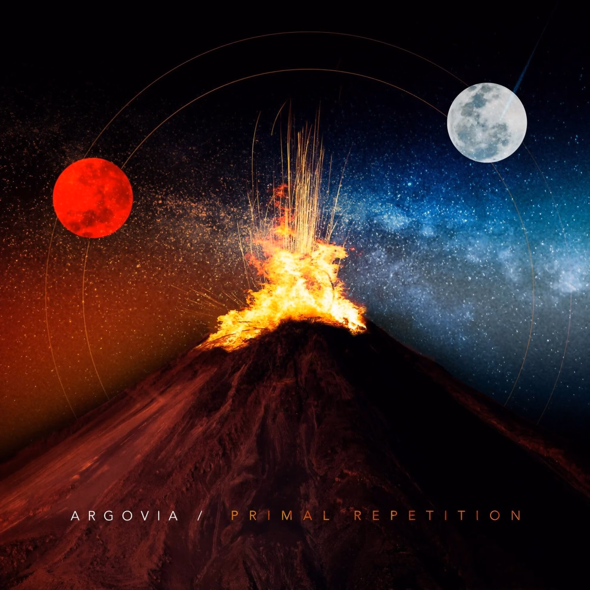 Erupting volcano at night flanked by a red orb and a full moon on opposing orbital arcs, sky split between amber and galaxy blue.