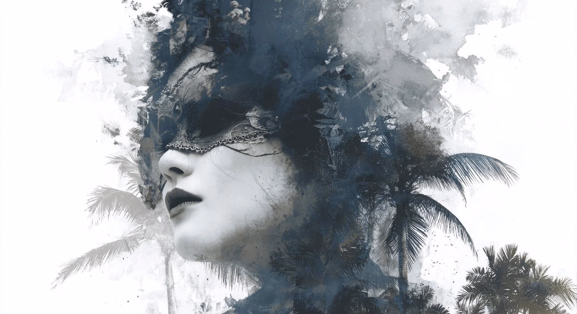 Cali Made Tropical Gothic Before the World Was Ready Double-exposure composite of a masked figure and tropical palm trees rendered in monochrome ink-wash.