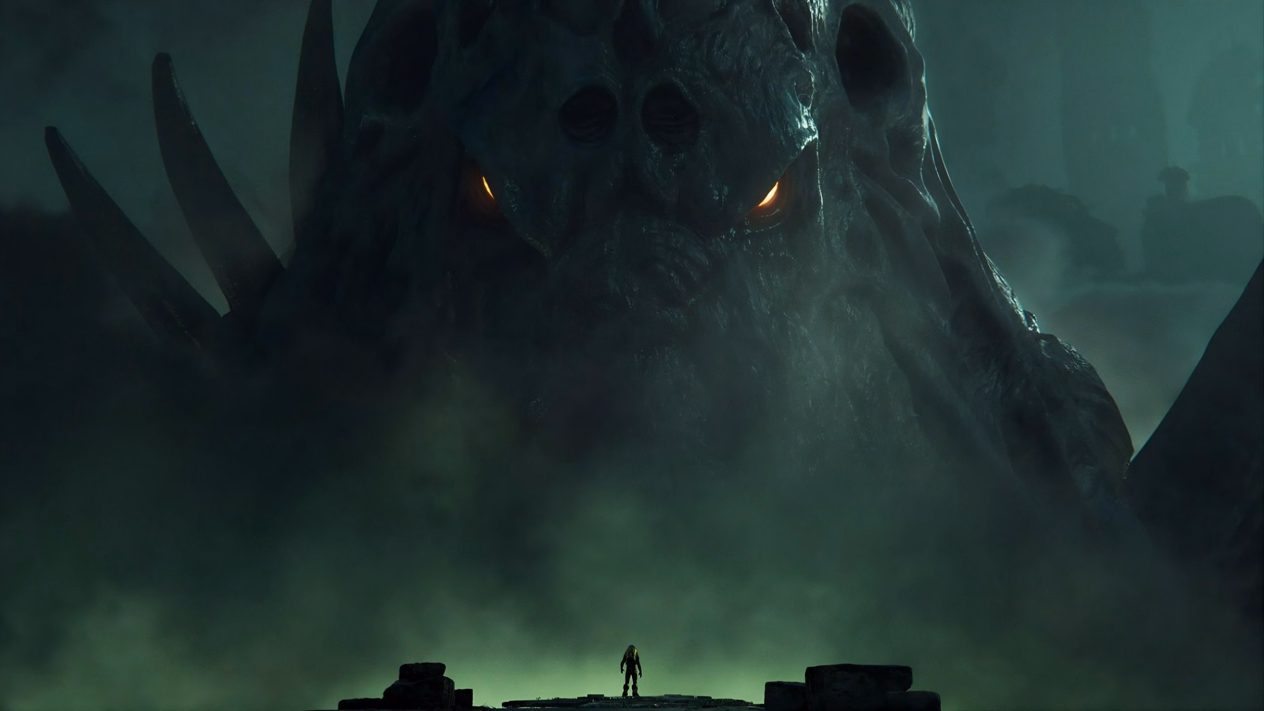 ‘Cthulhu: The Cosmic Abyss’ Demands the Mythos Prove Itself A lone suited figure faces an immense Cthulhu, glowing orange eyes above green mist in R’lyeh.
