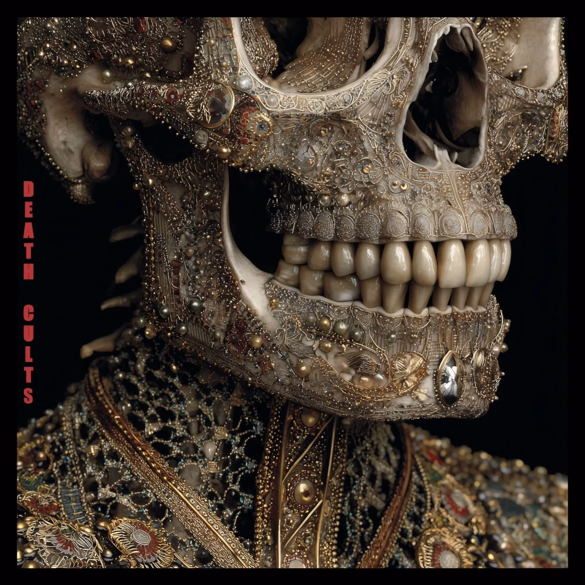 Cover art for Dead Can Dance&rsquo;s &lsquo;Death Cults&rsquo;: an ornate bejeweled human skull in profile against a black background.