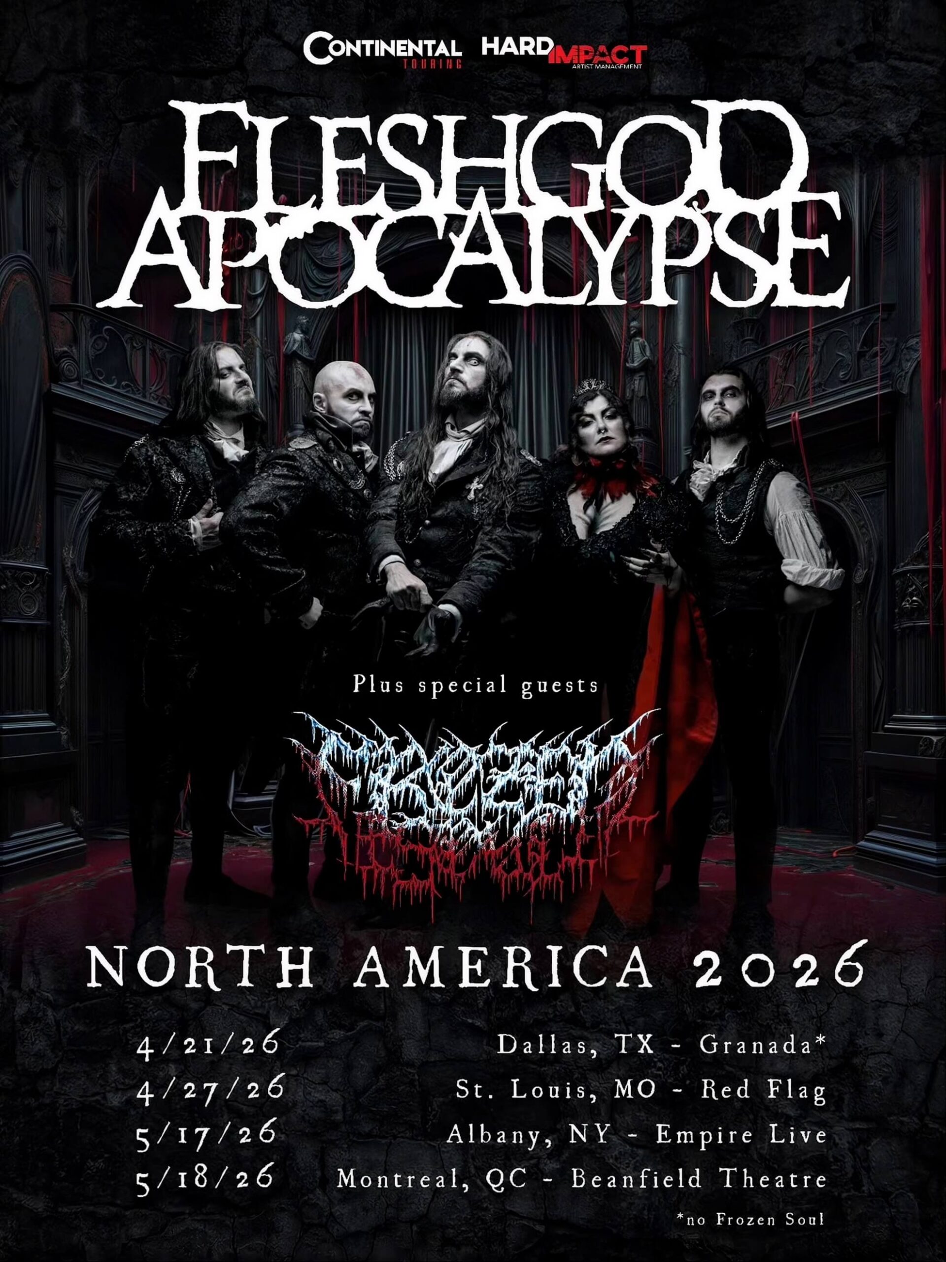 Fleshgod Apocalypse Rules San Antonio’s Aztec Theatre in April Fleshgod Apocalypse North America 2026 headlining tour poster with Frozen Soul, four dates listed.