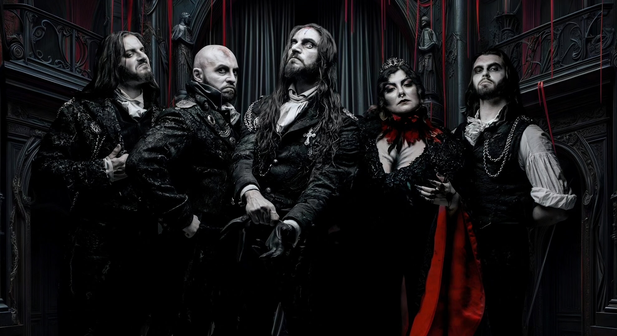 Fleshgod Apocalypse Rules San Antonio’s Aztec Theatre in April Fleshgod Apocalypse five members in black baroque period costume, group portrait.