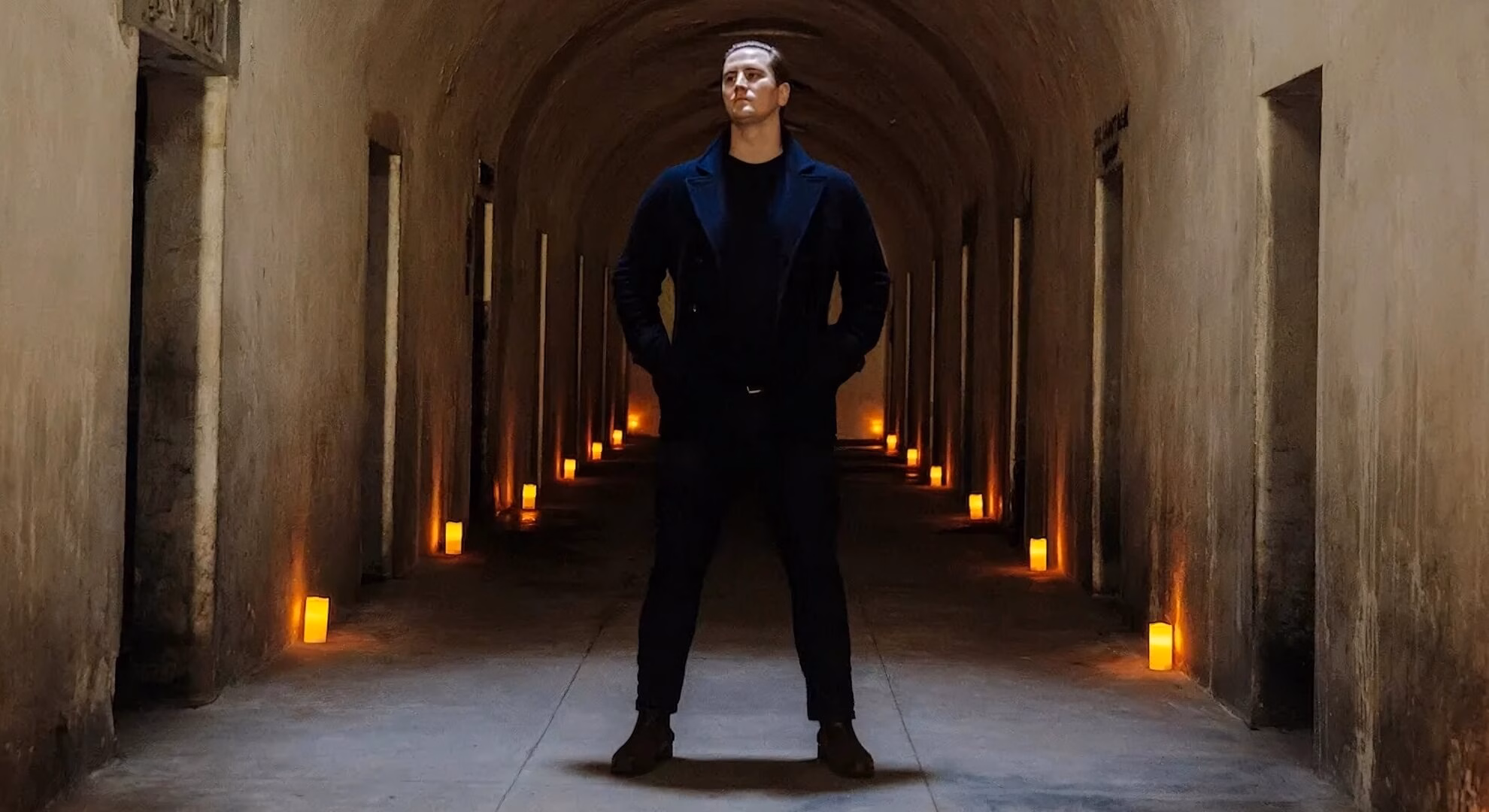 Andrew Ousley standing in a candlelit stone vaulted corridor, Green-Wood Cemetery catacombs