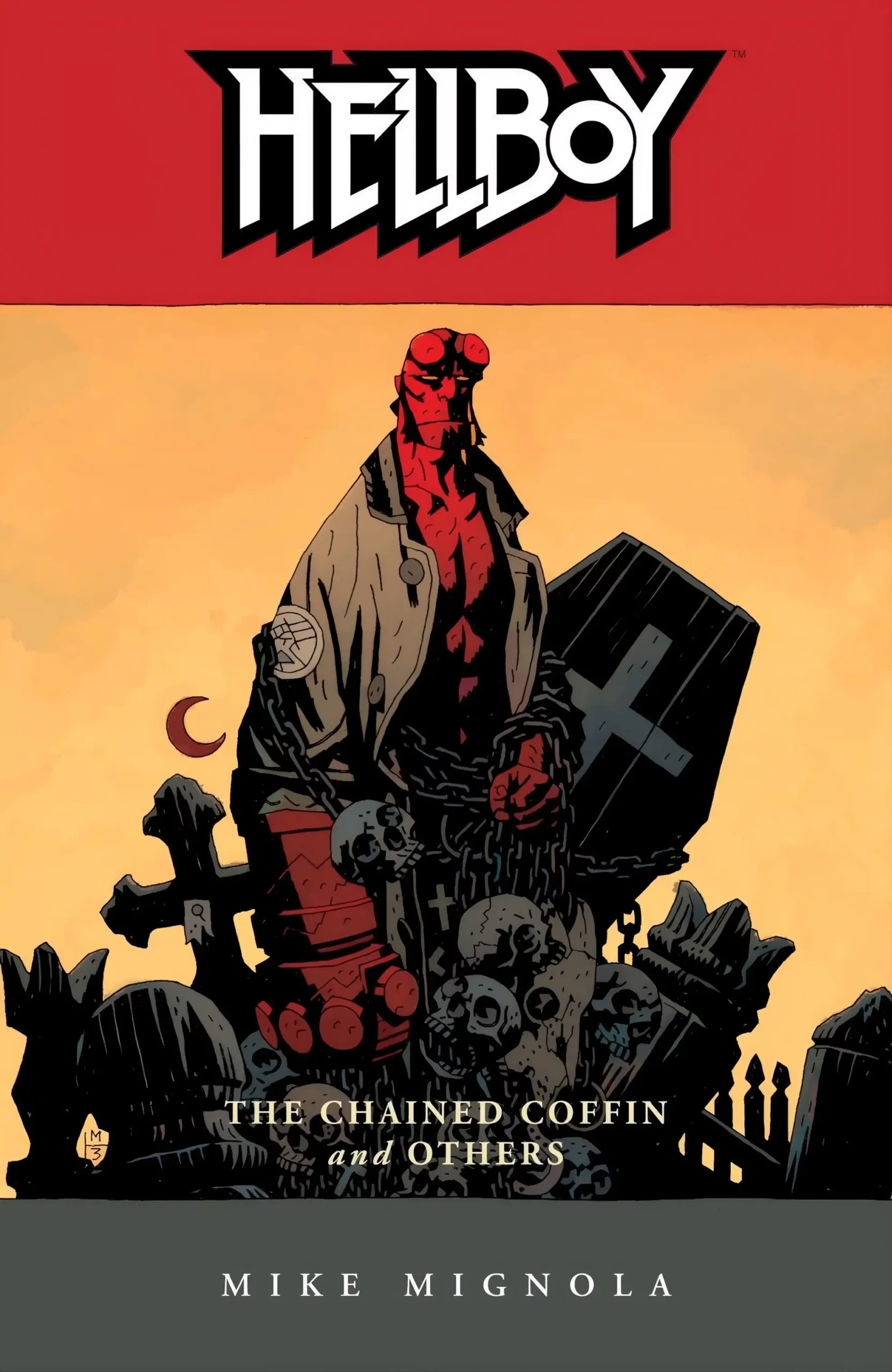 When the Page Goes Dark in ‘Uri Tupka and the Devils’ Hellboy standing over a graveyard holding a chained coffin, cover of ‘Hellboy: The Chained Coffin and Others.’