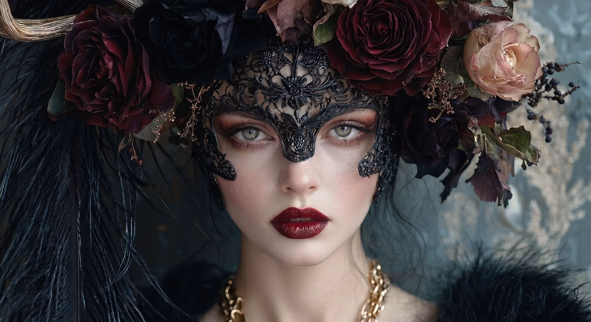 Obscaerivm – Dark Culture Awards 2027 Gothic editorial portrait — masked woman with antler headdress and dark roses, Obscaerivm Annual Dark Culture Recognition 2026,