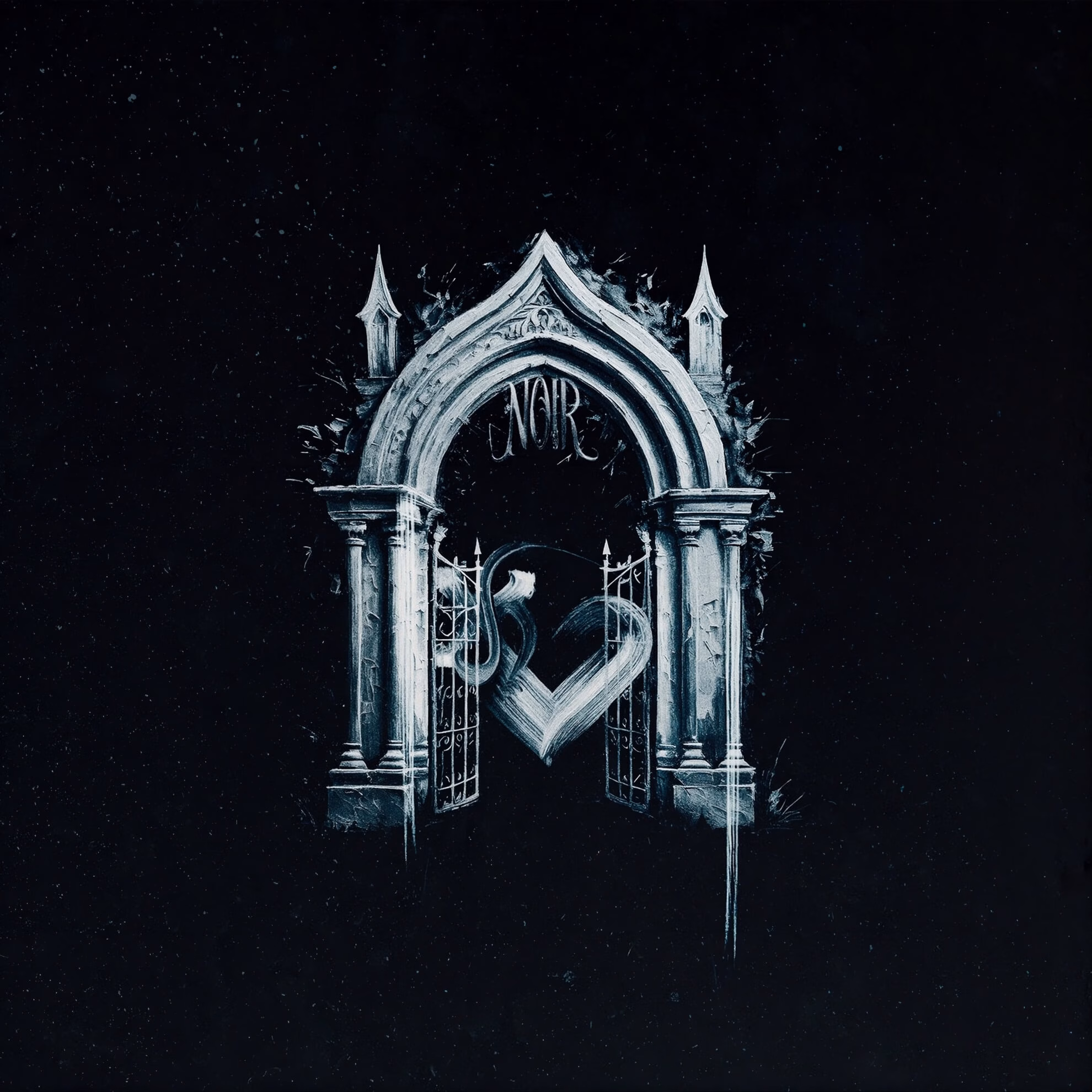Lord of the Lost &lsquo;Opvs Noir Vol. 3&rsquo; album cover: a gothic stone arch gate bearing the word &ldquo;NOIR,&rdquo; flanked by iron railings, with an open heart formed by a serpentine figure at its center, rendered in cold steel-blue tones against a near-black starfield.