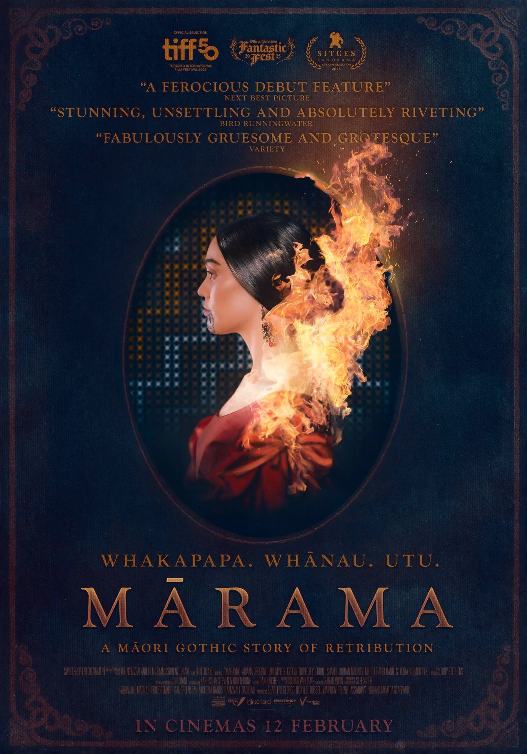 Theatrical poster for &lsquo;Mārama&rsquo;: profile portrait in flames within ornate oval frame.