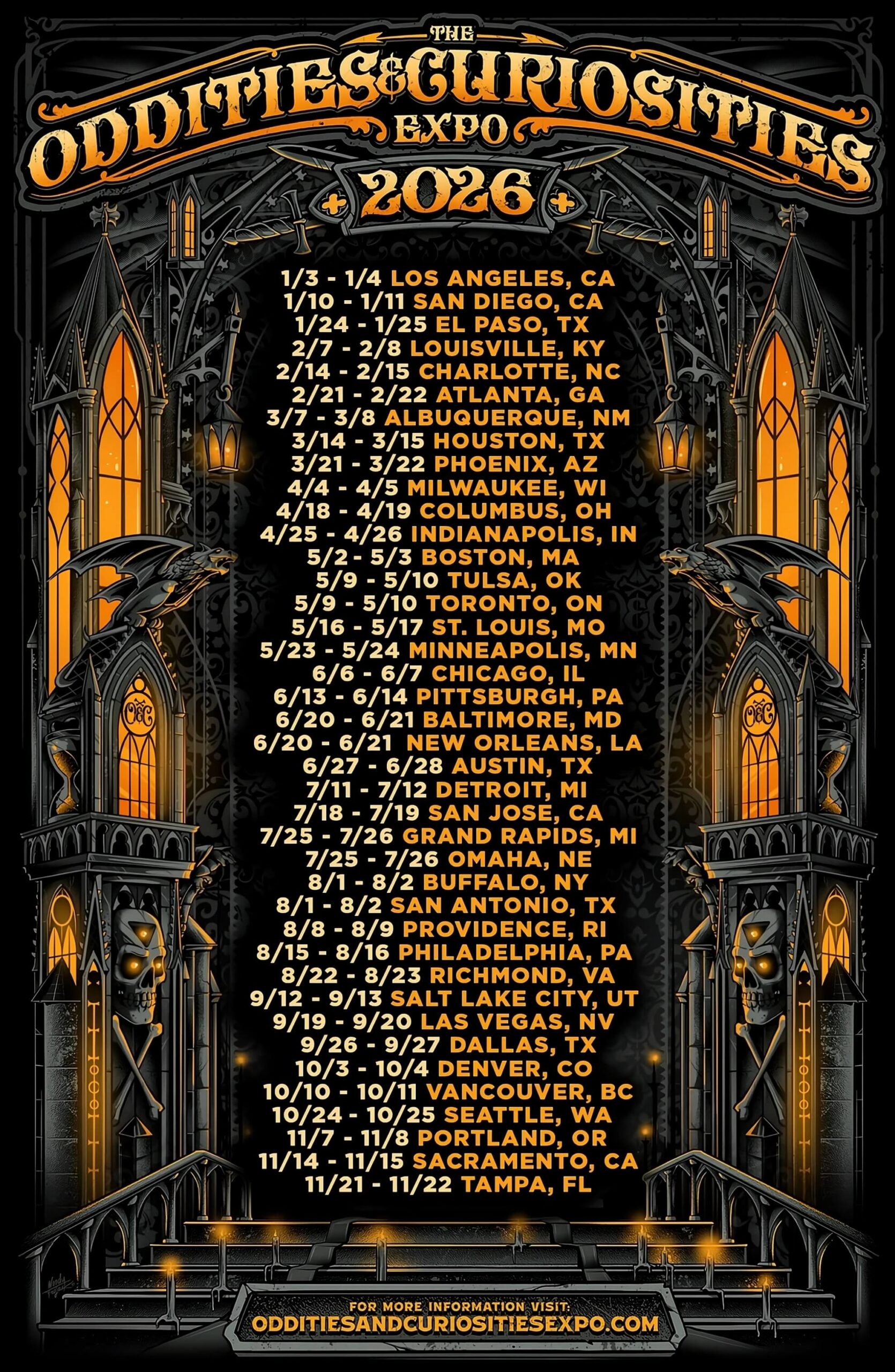 Oddities and Curiosities Expo 2026 tour poster listing 40 North American cities, framed by gothic architectural illustration.