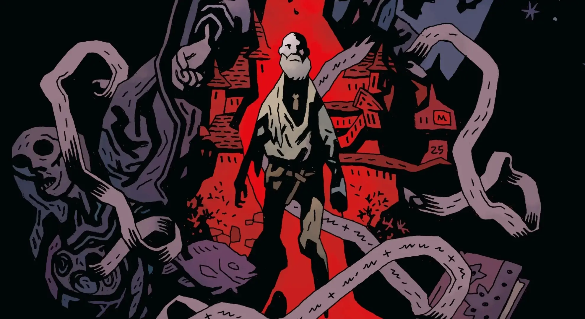 When the Page Goes Dark in ‘Uri Tupka and the Devils’ Uri Tupka surrounded by devils, from Mike Mignola’s ‘Uri Tupka and the Devils.’