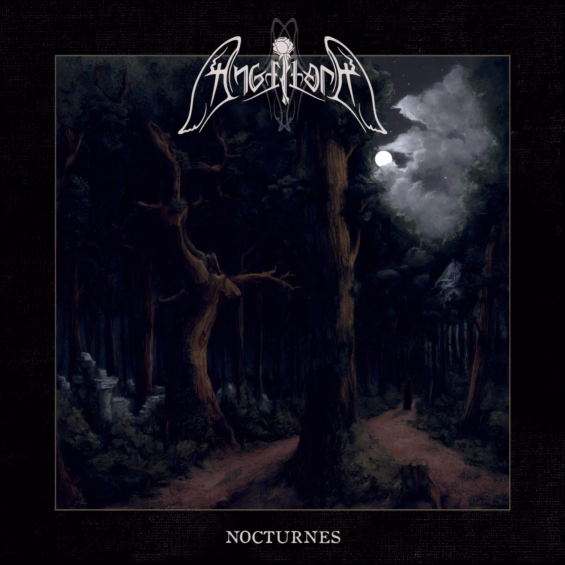 Cover art for Angellore&rsquo;s &lsquo;Nocturnes&rsquo;: painted night forest, forked path, solitary distant figure.
