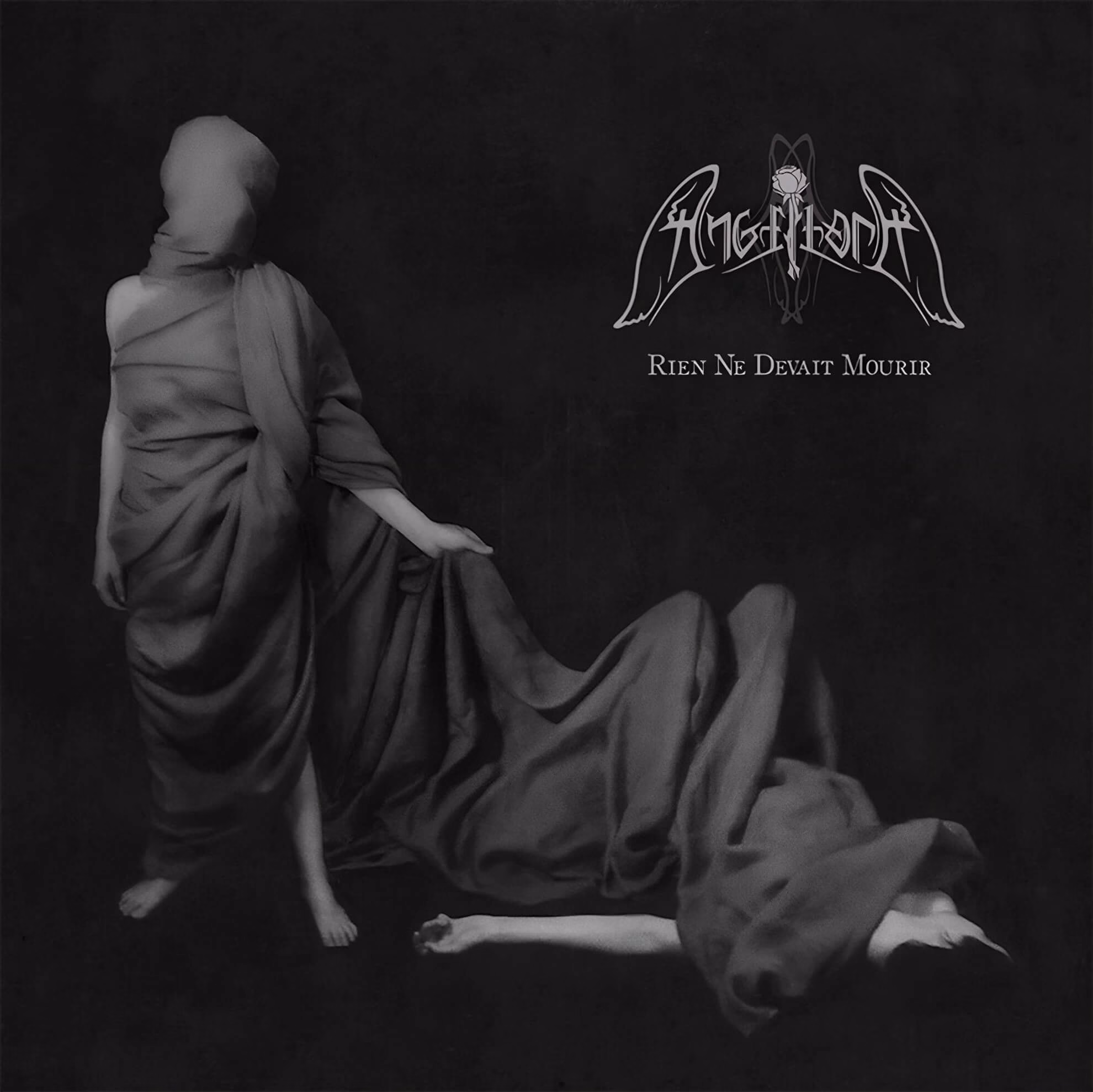 Cover art for Angellore&rsquo;s &lsquo;Rien Ne Devait Mourir,&rsquo; two shrouded figures on a black ground.