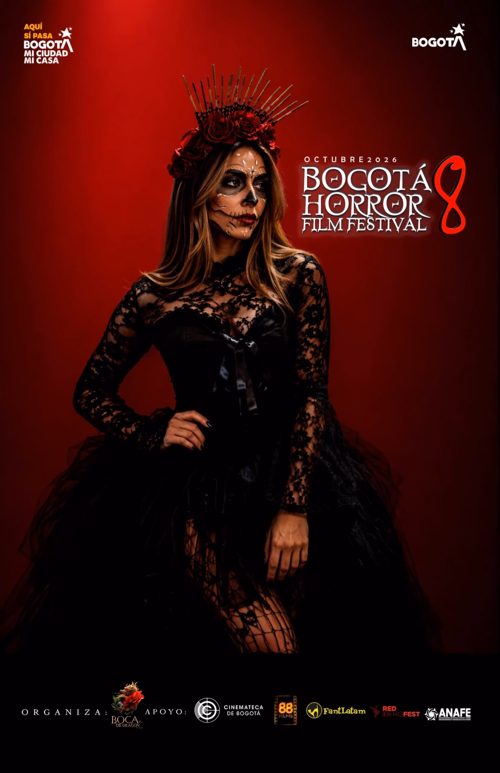 Bogotá Horror Film Festival at Eight Holds the Cinemateca Woman in sugar skull makeup and full-length black lace gown, official Bogotá Horror Film Festival eighth edition poster.