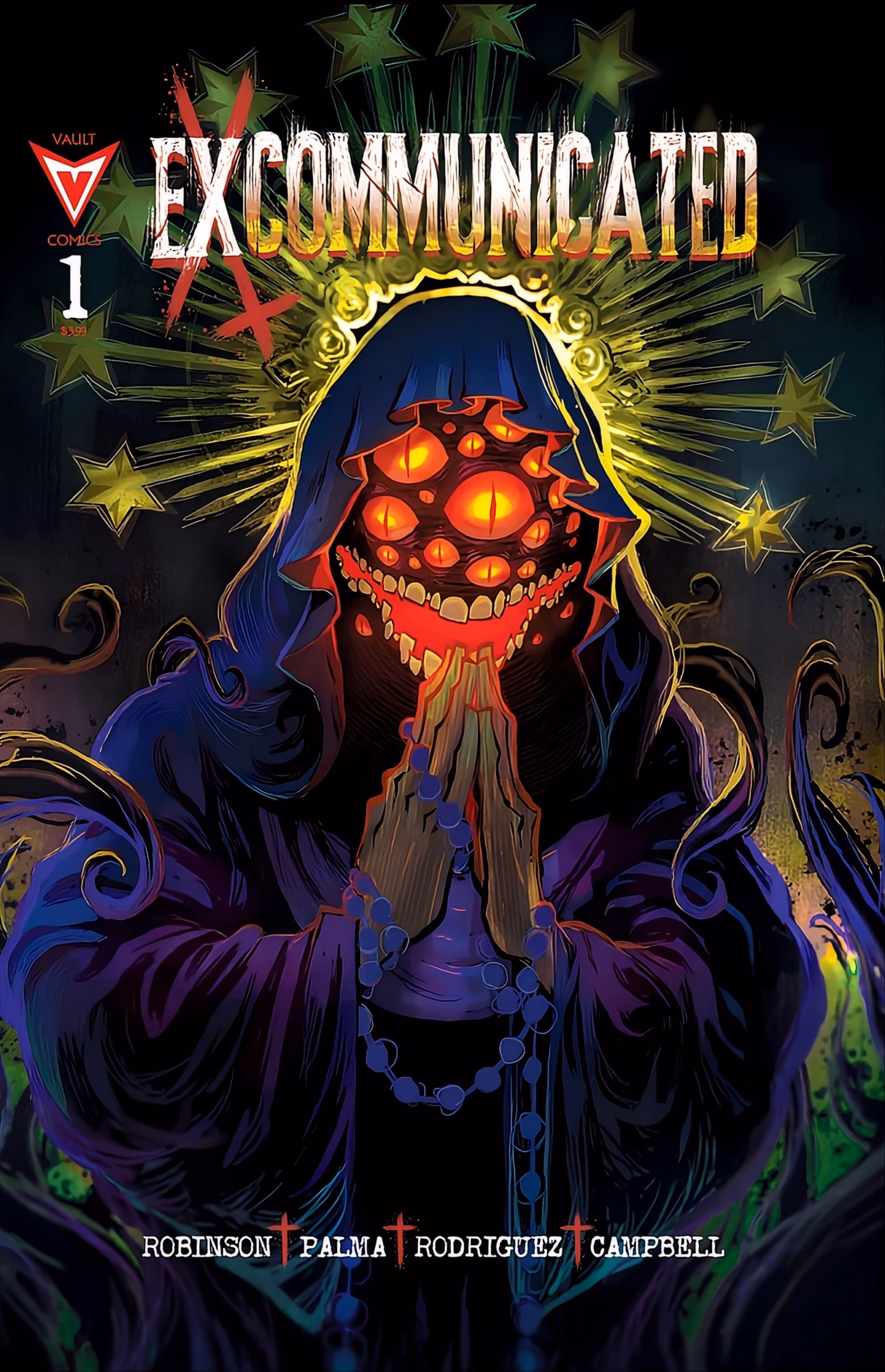 Vault Comics’ ‘Excommunicated’ Puts Theology at the Root ‘Excommunicated’ #1 Cover A — hooded demonic figure with multiple eyes, rosary, and halo.