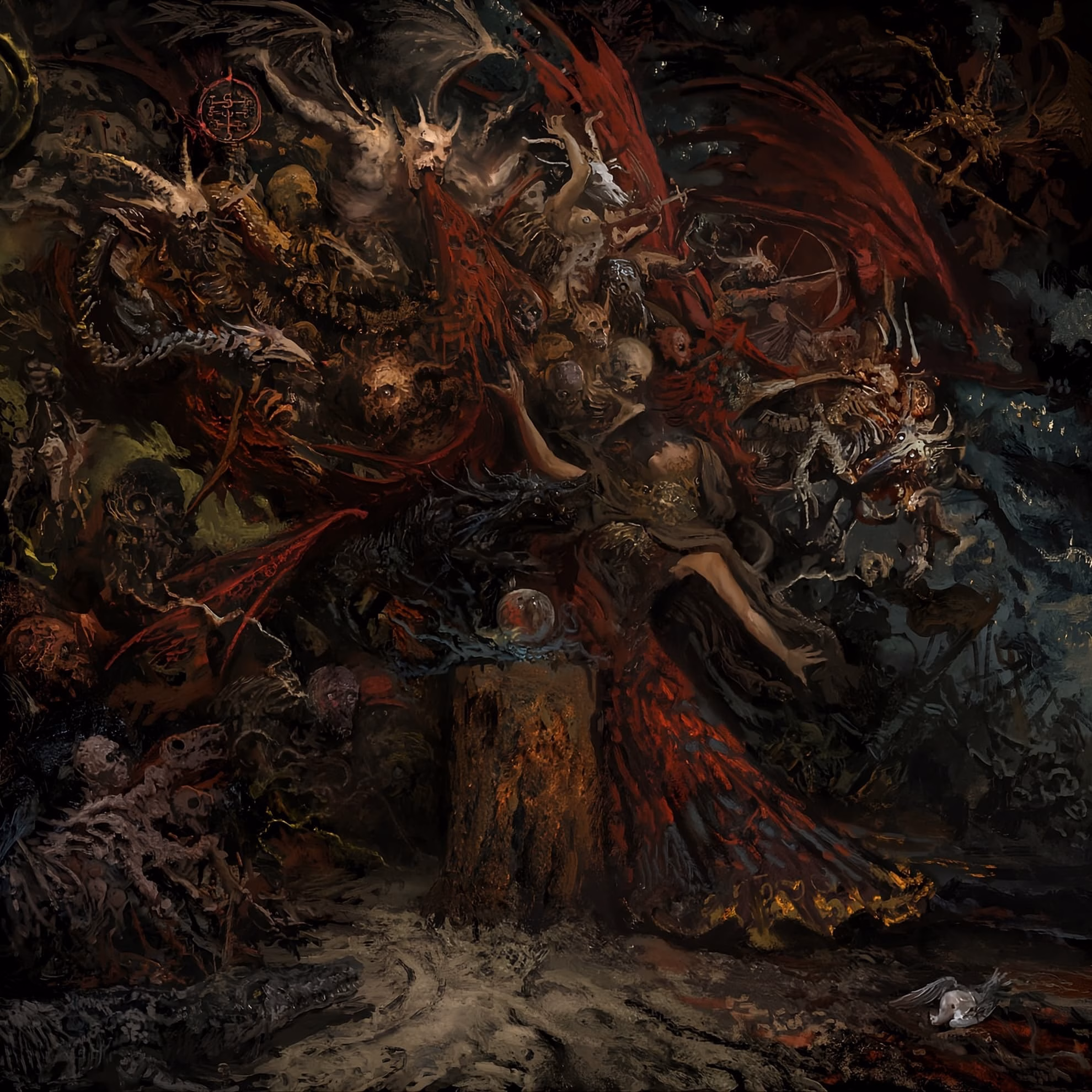 Godthrymm Seal Three Records of Grief on ‘Projections’ Godthrymm ‘Projections’ album cover — a dense oil-painted mass of skeletal figures, winged demons, and decaying forms in deep crimson and black, converging on a solitary human figure hunched over a stone plinth holding a blood-red orb.