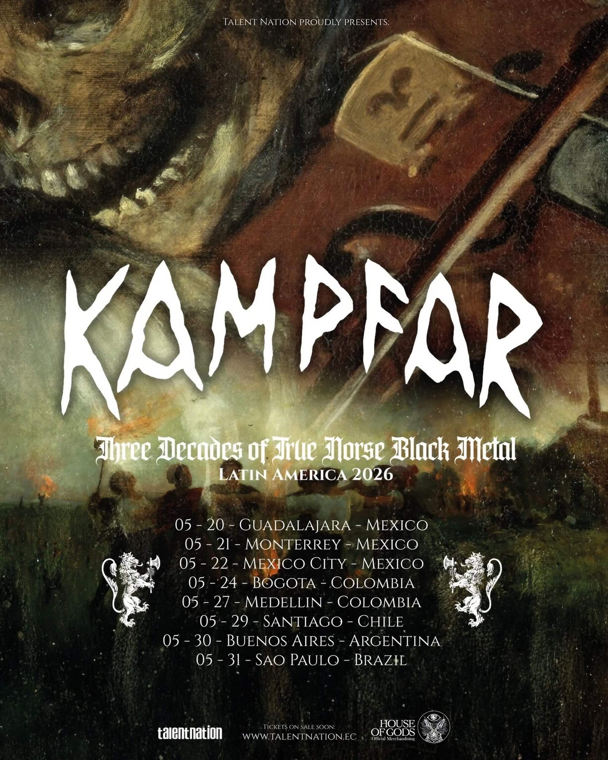 Kampfar Storms Ciudad Frecuencia in Medellín This May A giant skull looms over a smoky battlefield painting; white gothic lettering reads KAMPFAR above eight Latin American tour dates.