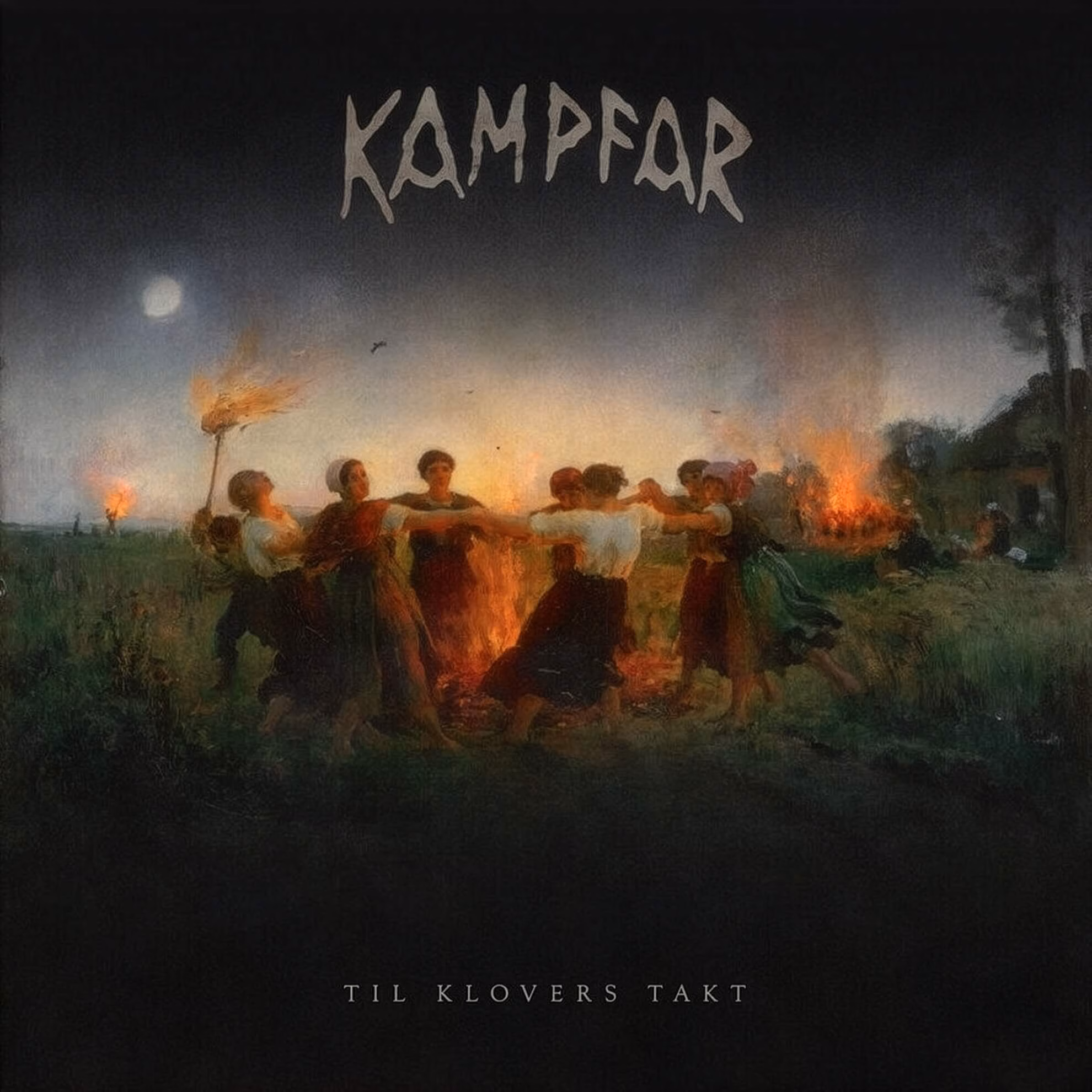 Kampfar Storms Ciudad Frecuencia in Medellín This May Figures in folk dress dance in a ring around a bonfire at night beneath a full moon in an open field.