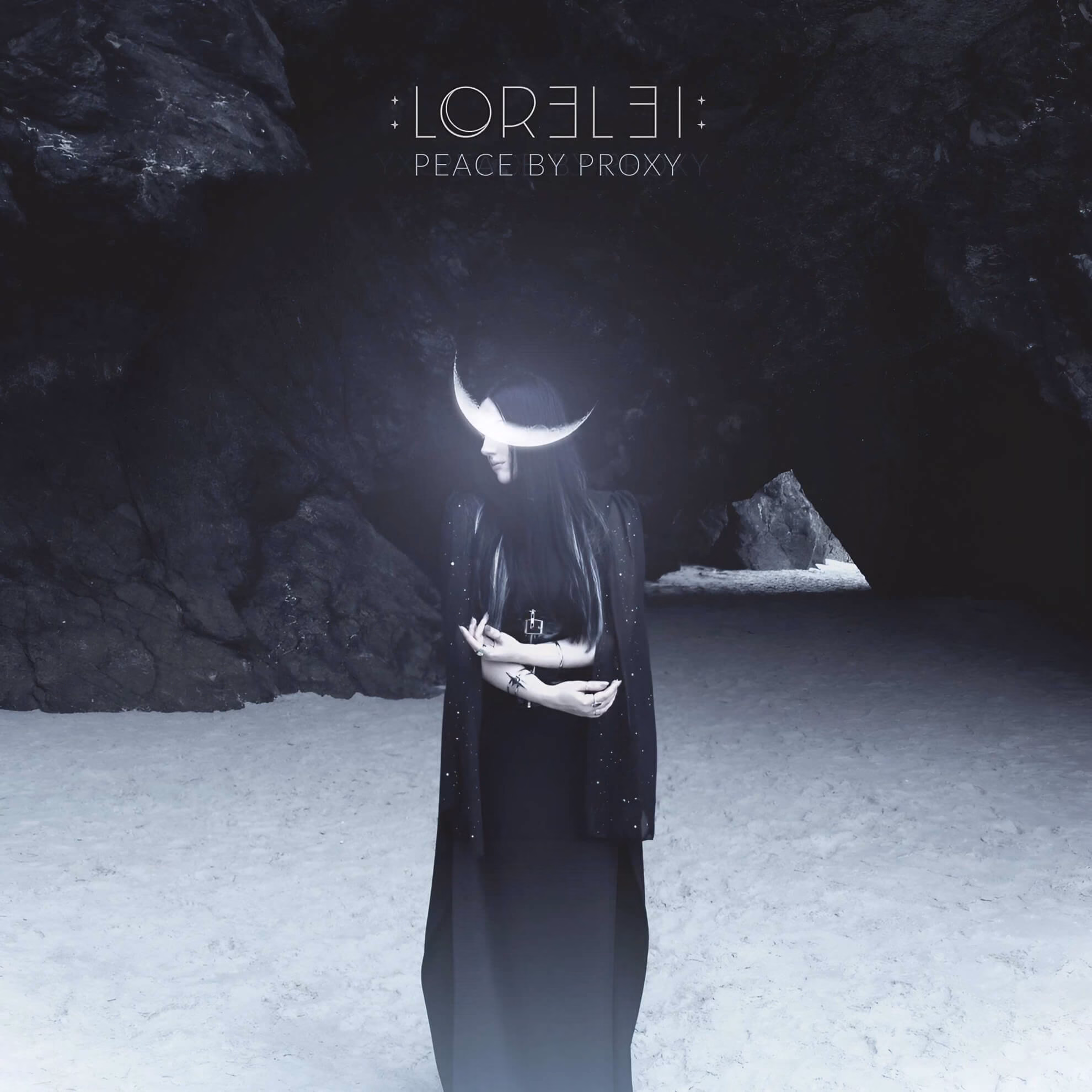 &lsquo;Peace by Proxy&rsquo; album cover &mdash; a cloaked figure with a glowing crescent moon for a face stands in a coastal cave.