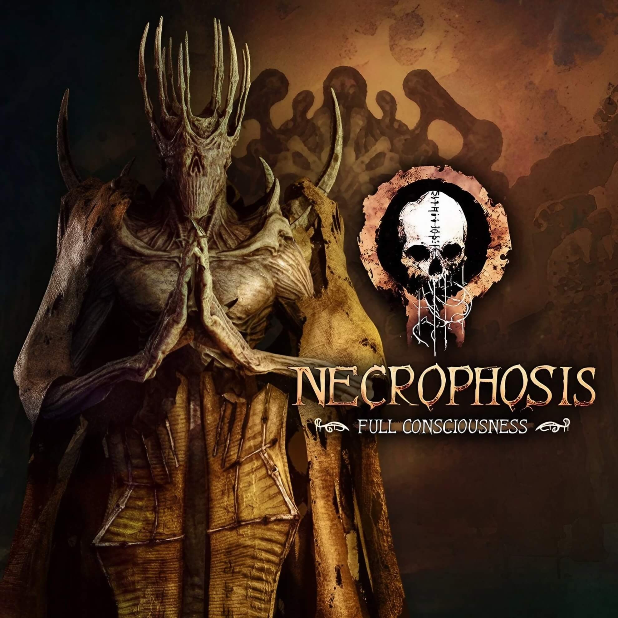 Horned skeletal entity in robes beside the &lsquo;Necrophosis Full Consciousness&rsquo; title.