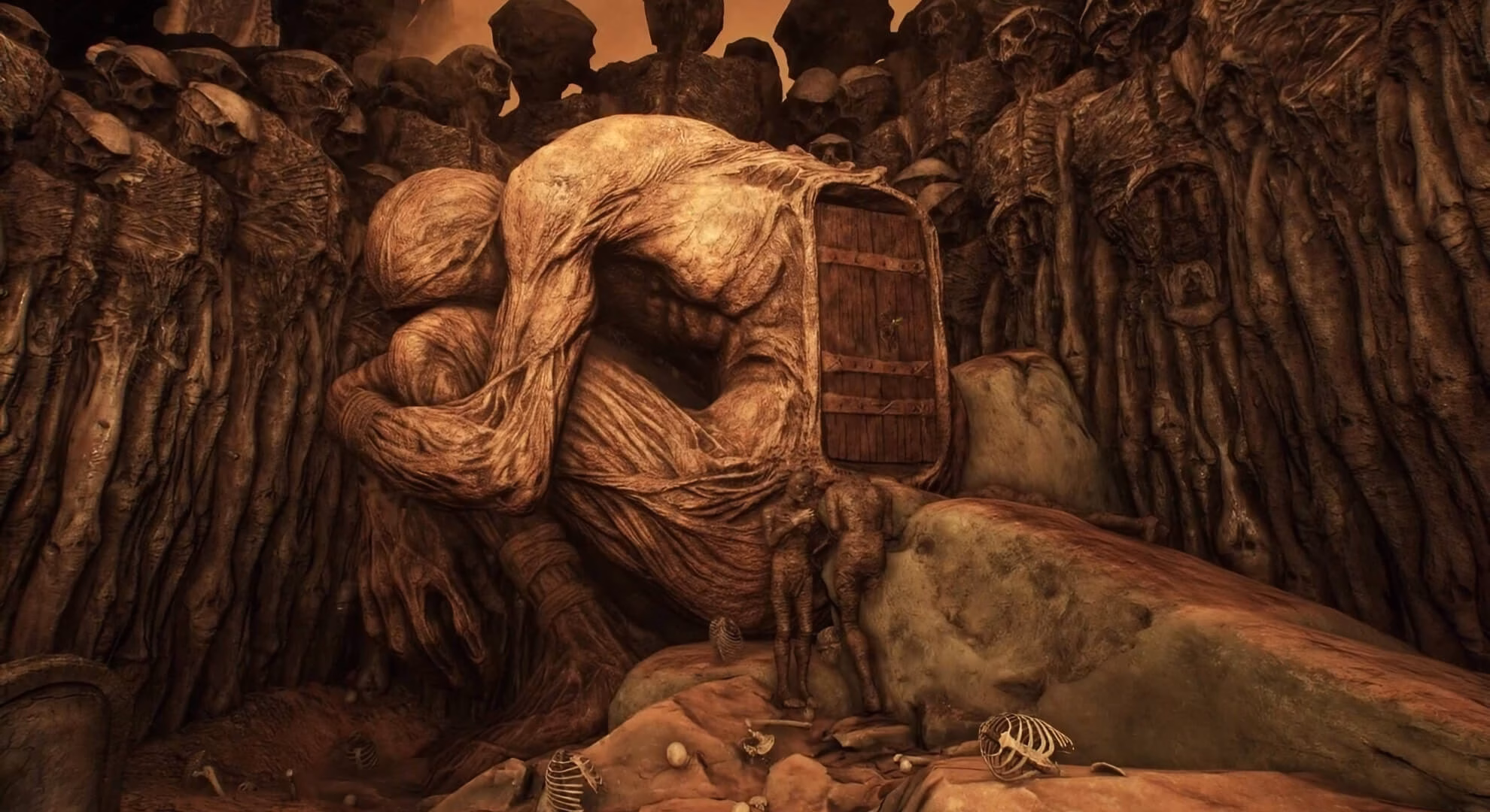 A small human figure stands before a colossal hunched entity guarding a wooden door.