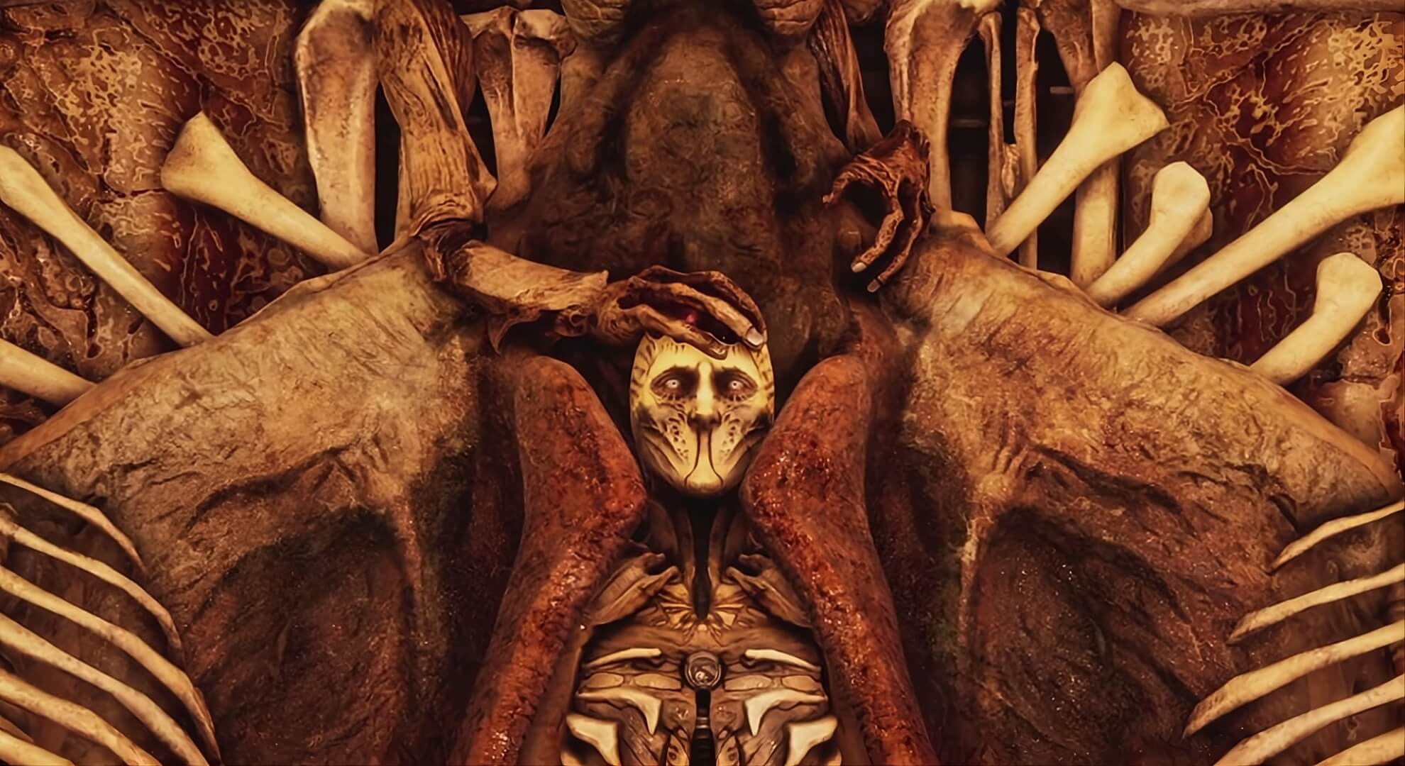 A masked figure engulfed by symmetrical fleshy limbs and exposed bones in a decaying chamber.