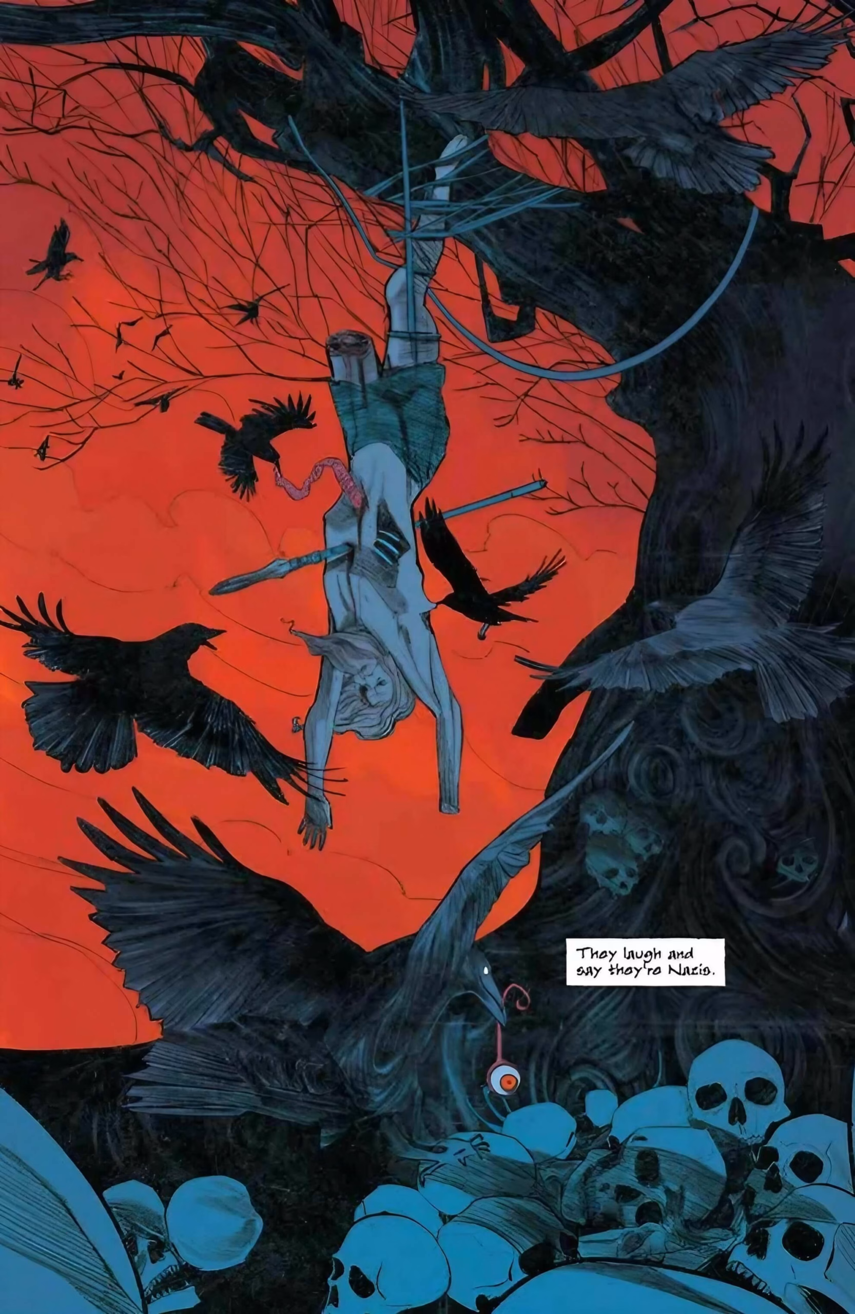 Image Comics’ ‘Odin’ #1 Plunges Into Norse Folk Horror ‘Odin’ #1 interior — inverted figure on a utility pole amid ravens, skulls below.