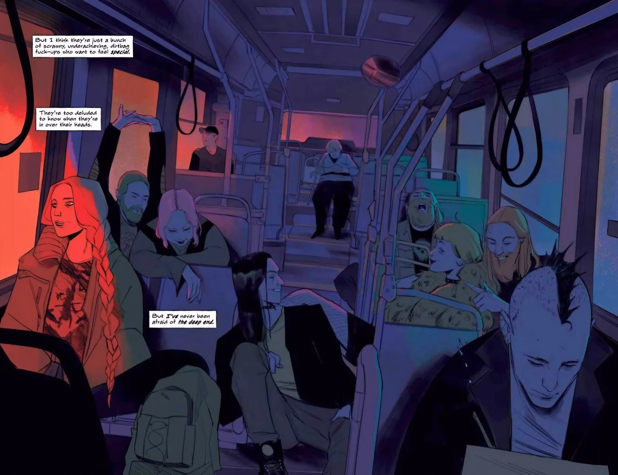 Image Comics’ ‘Odin’ #1 Plunges Into Norse Folk Horror Odin #1 interior — Adela among the neo-Nazi group on a transit bus, observing as they celebrate.