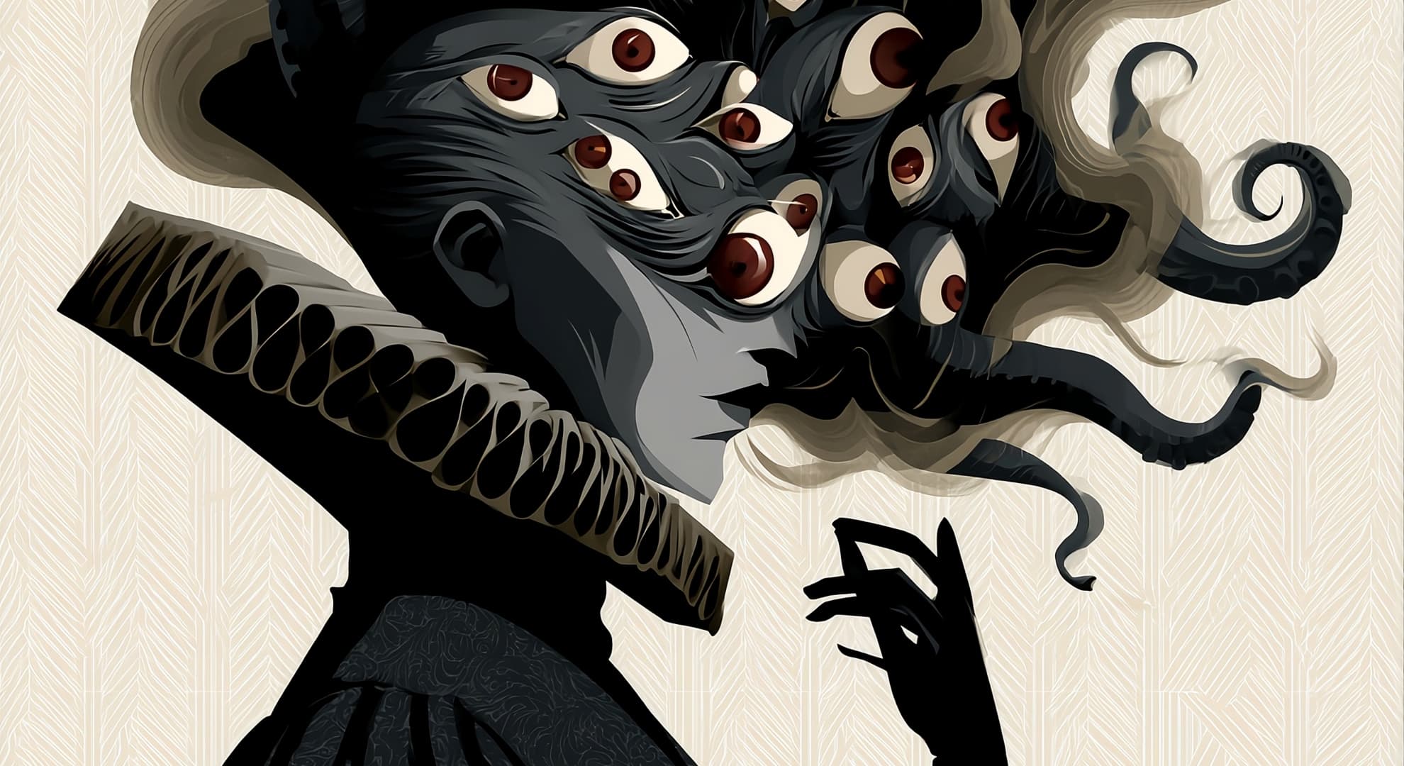 About Us Gothic figure with multiple eyes and tentacle hair in Victorian dress