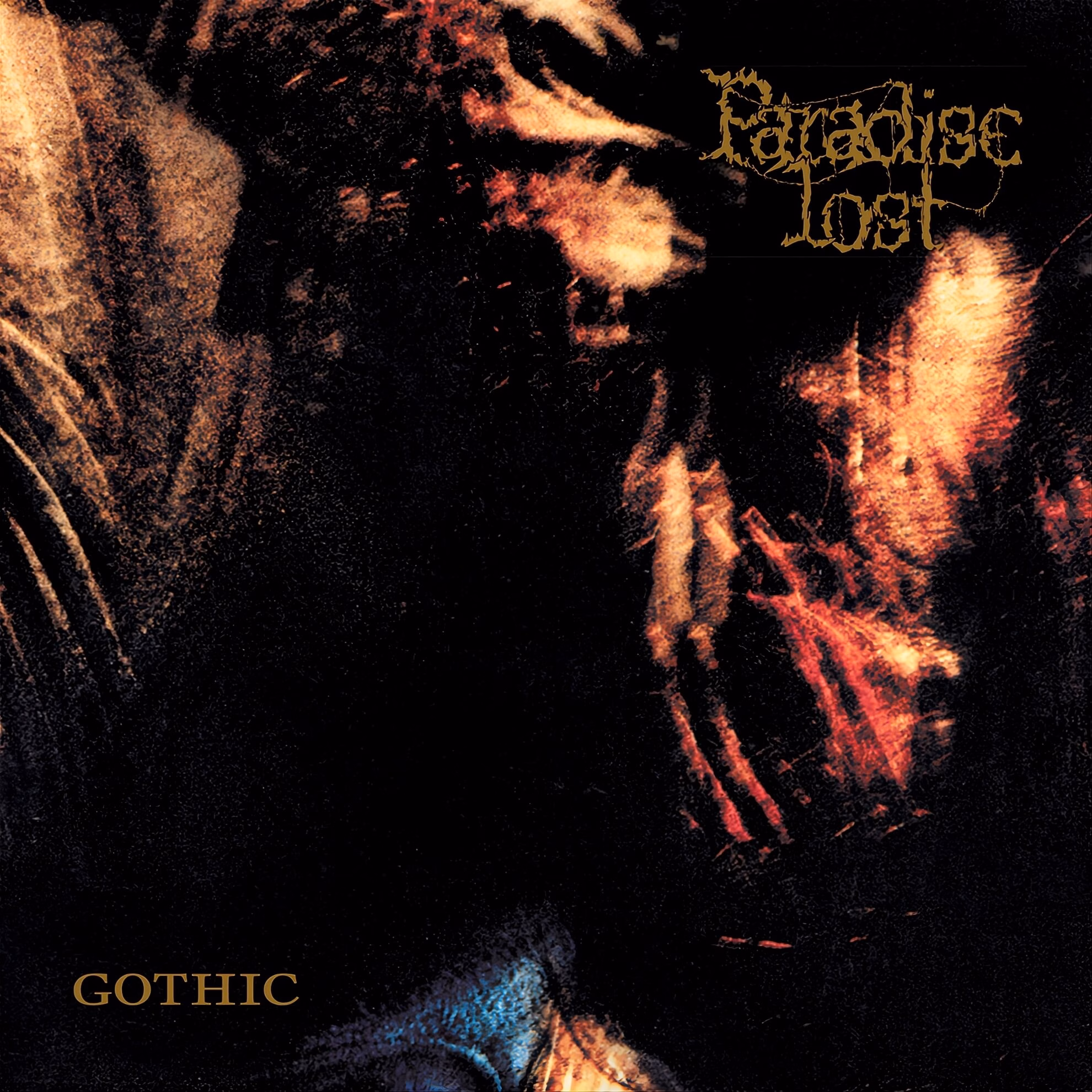 Paradise Lost &lsquo;Gothic&rsquo; album cover &mdash; a dark figure with skeletal hands, lit in amber and red against deep black.