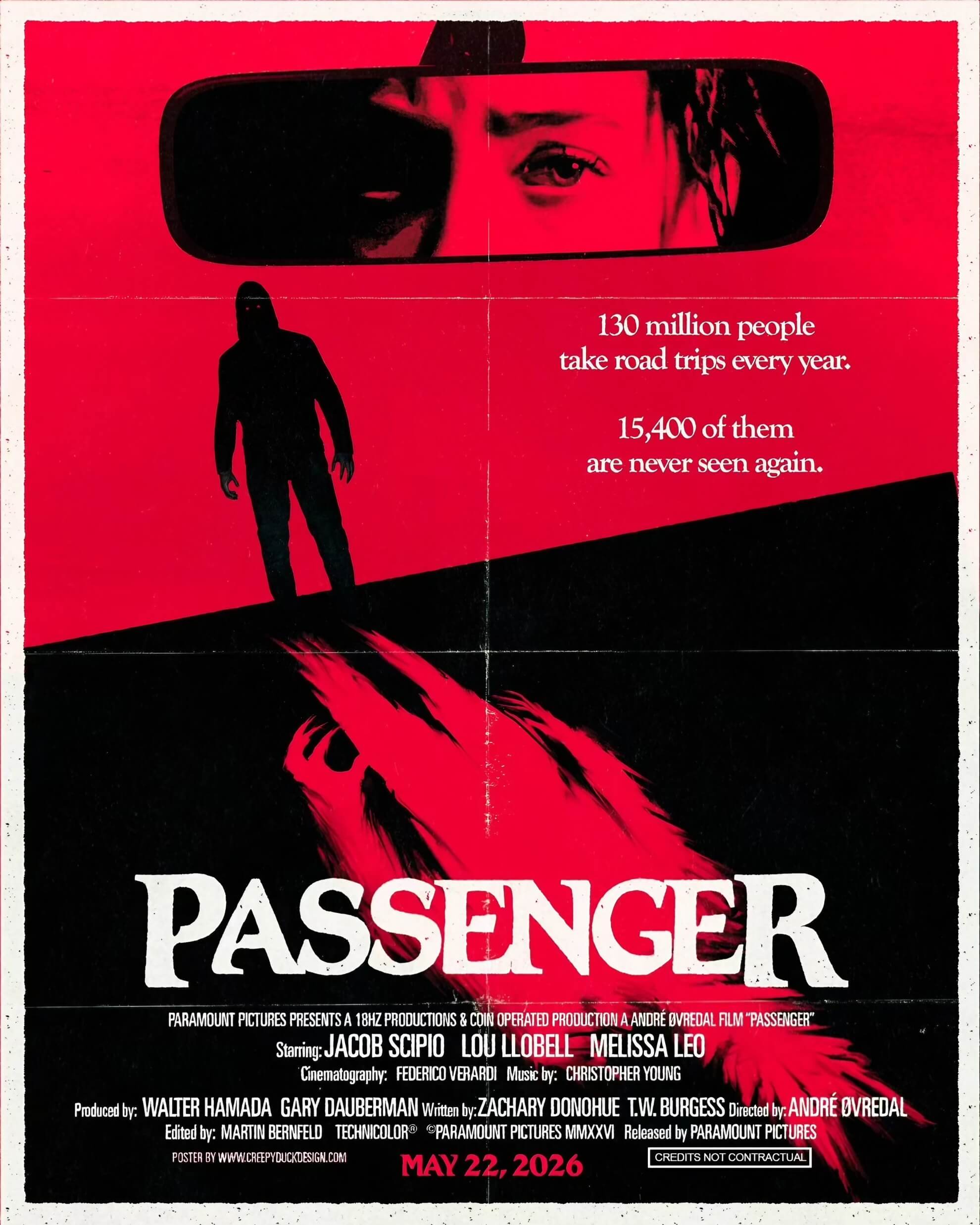 Theatrical poster for &lsquo;Passenger&rsquo; (2026): rearview mirror reflection, hooded silhouette, red claw reaching toward a car.