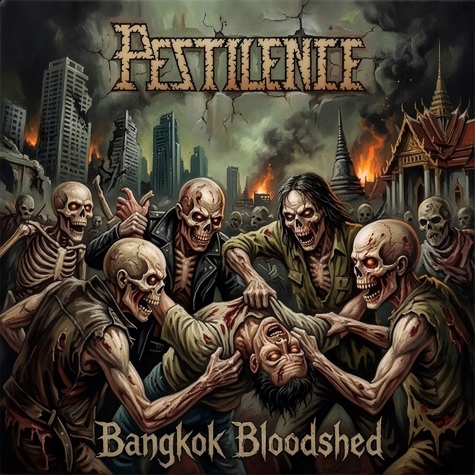 Cover for Pestilence&rsquo;s &lsquo;Bangkok Bloodshed&rsquo;: zombies attacking a human figure against a burning Bangkok skyline with a temple at right.