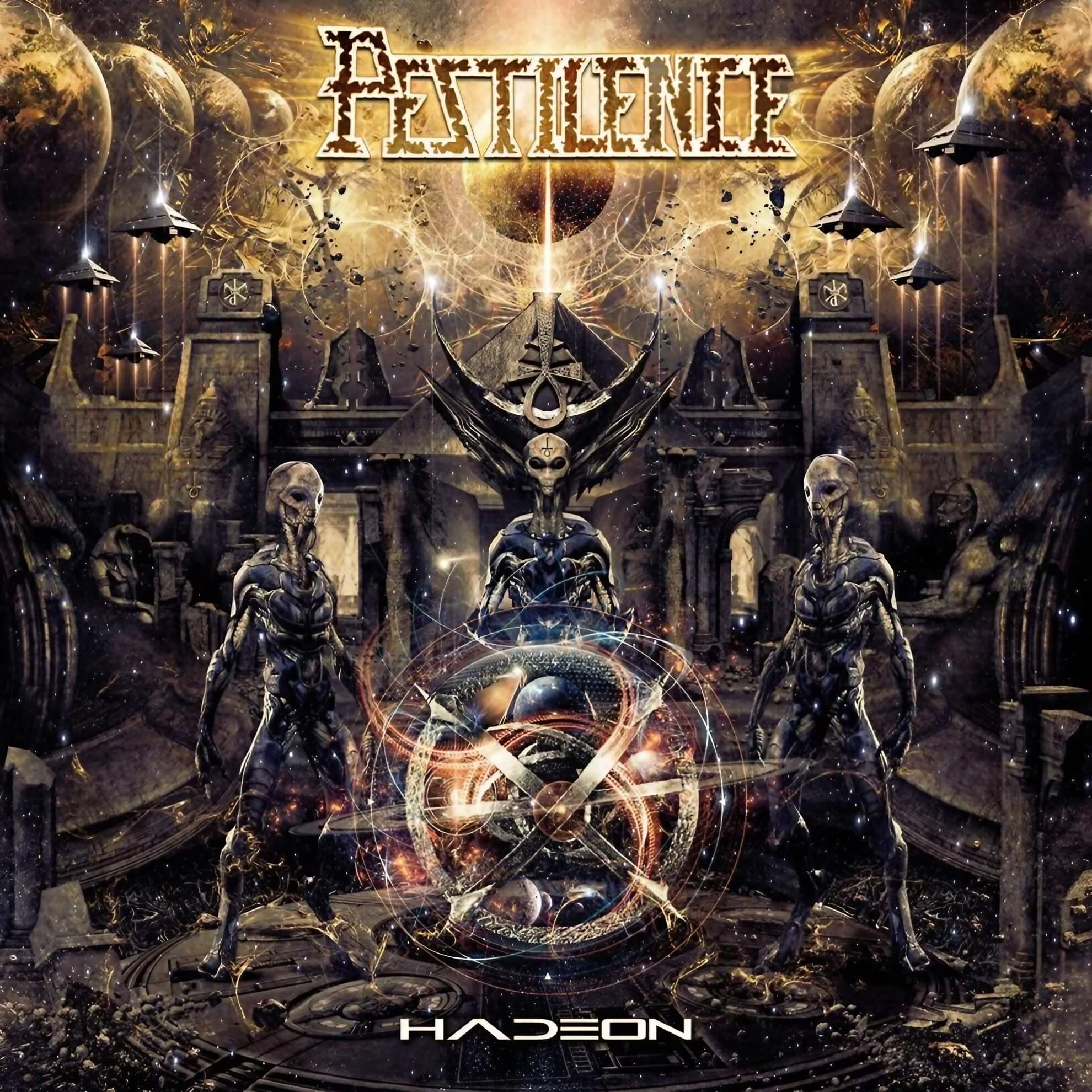 Cancelled cover for Pestilence&rsquo;s &lsquo;Hadeon&rsquo;: three alien figures flanking a glowing sphere in a sci-fi Egyptian temple setting.