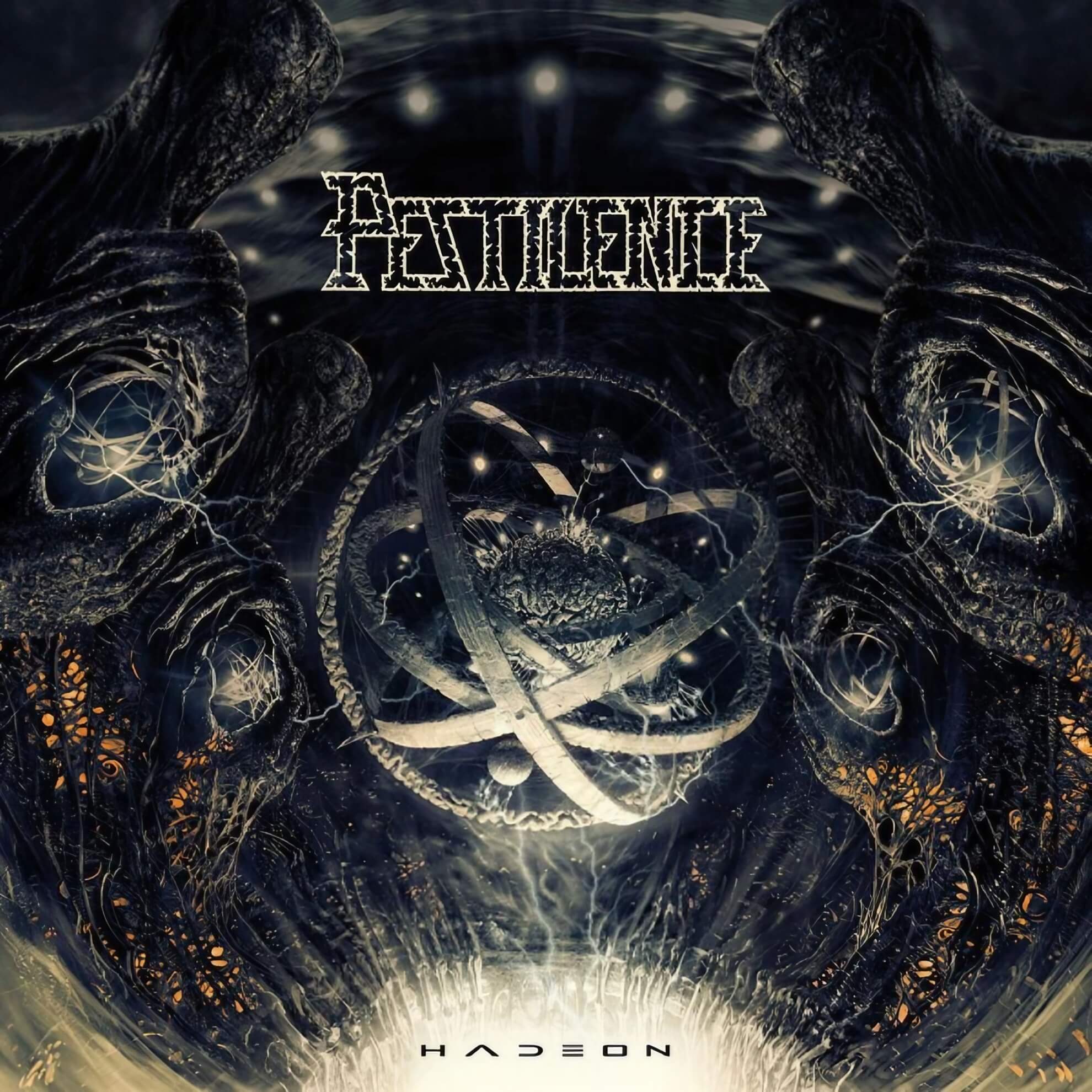 Released cover for Pestilence&rsquo;s &lsquo;Hadeon&rsquo;: two organic figures flanking a ringed sphere in a dark, fluid environment.