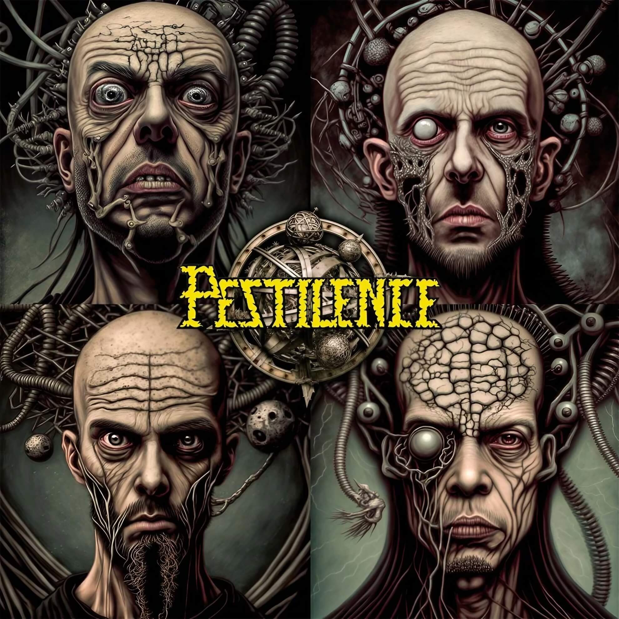 Cancelled AI-generated cover for Pestilence&rsquo;s &lsquo;Levels of Perception&rsquo;: four distorted human faces with mechanical implants arranged in a grid.