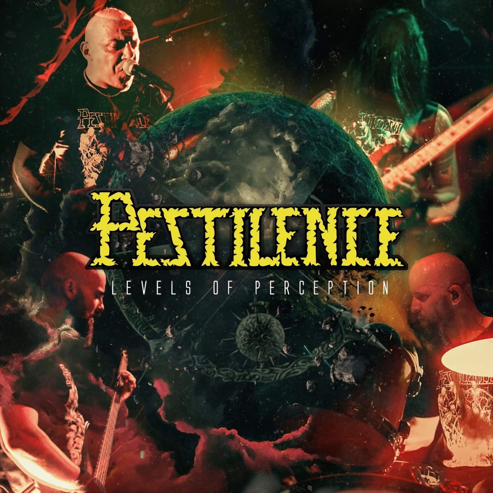 Released cover for Pestilence&rsquo;s &lsquo;Levels of Perception&rsquo;: four band members performing live, arranged around a central orb.