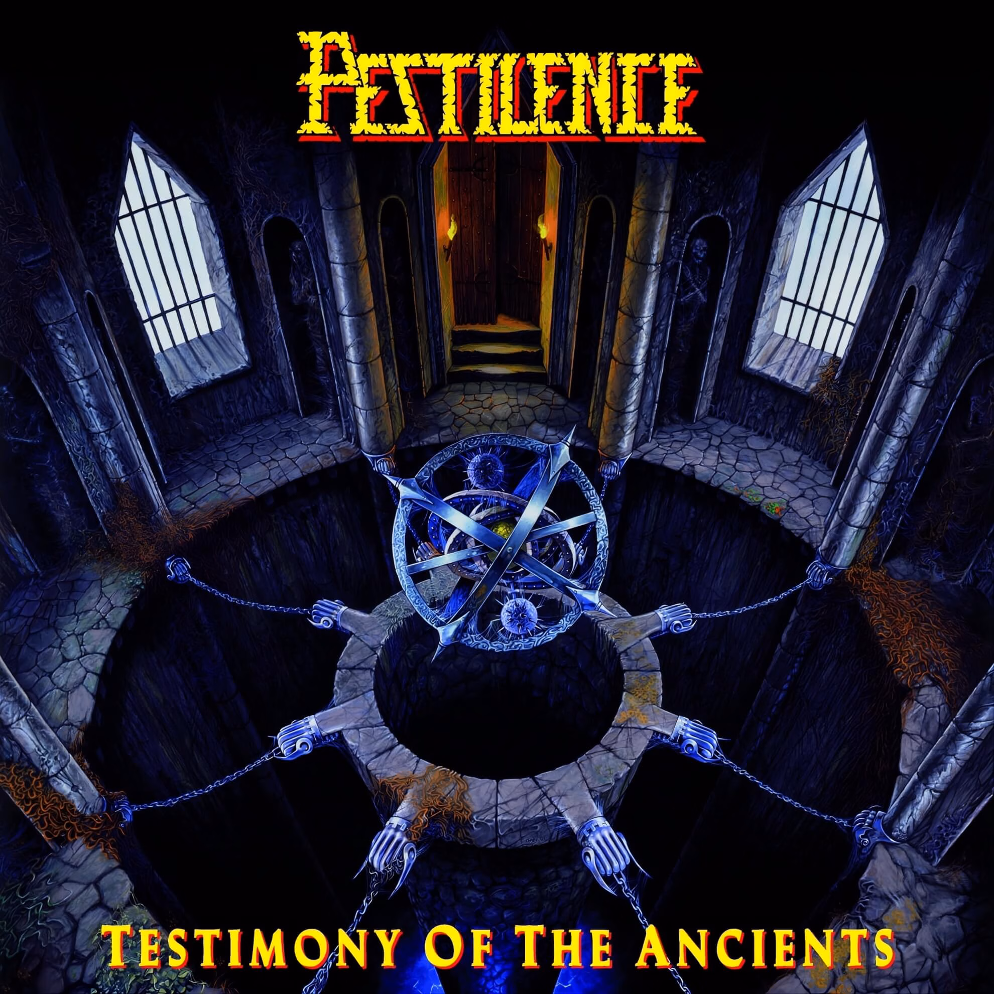 Dan Seagrave&rsquo;s painting for Pestilence&rsquo;s &lsquo;Testimony of the Ancients&rsquo;: a chained mechanical sphere in a stone chamber viewed from above.