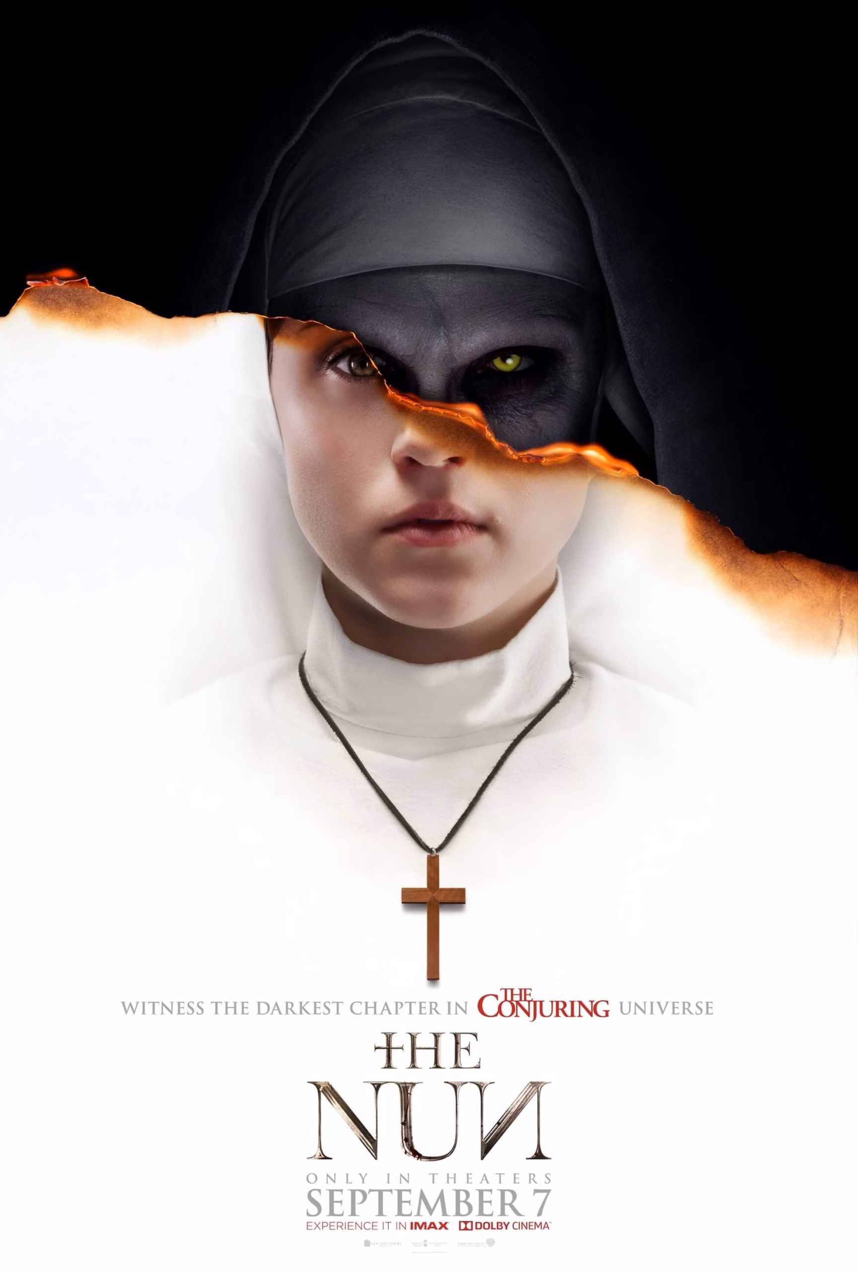 &lsquo;The Nun&rsquo; (2018) theatrical poster: Valak&rsquo;s face torn open above Sister Irene&rsquo;s, wooden cross below.