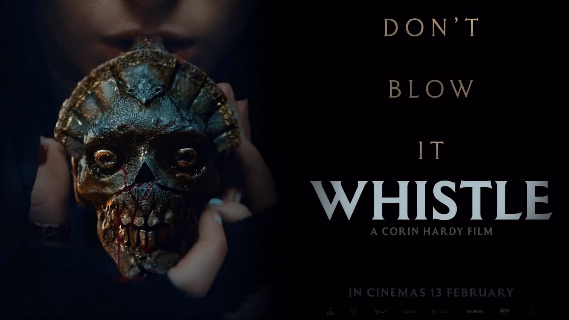 &lsquo;Whistle&rsquo; (2026) UK/Ireland promo banner: the Ehecachichtli held in frame left, tagline and title right.